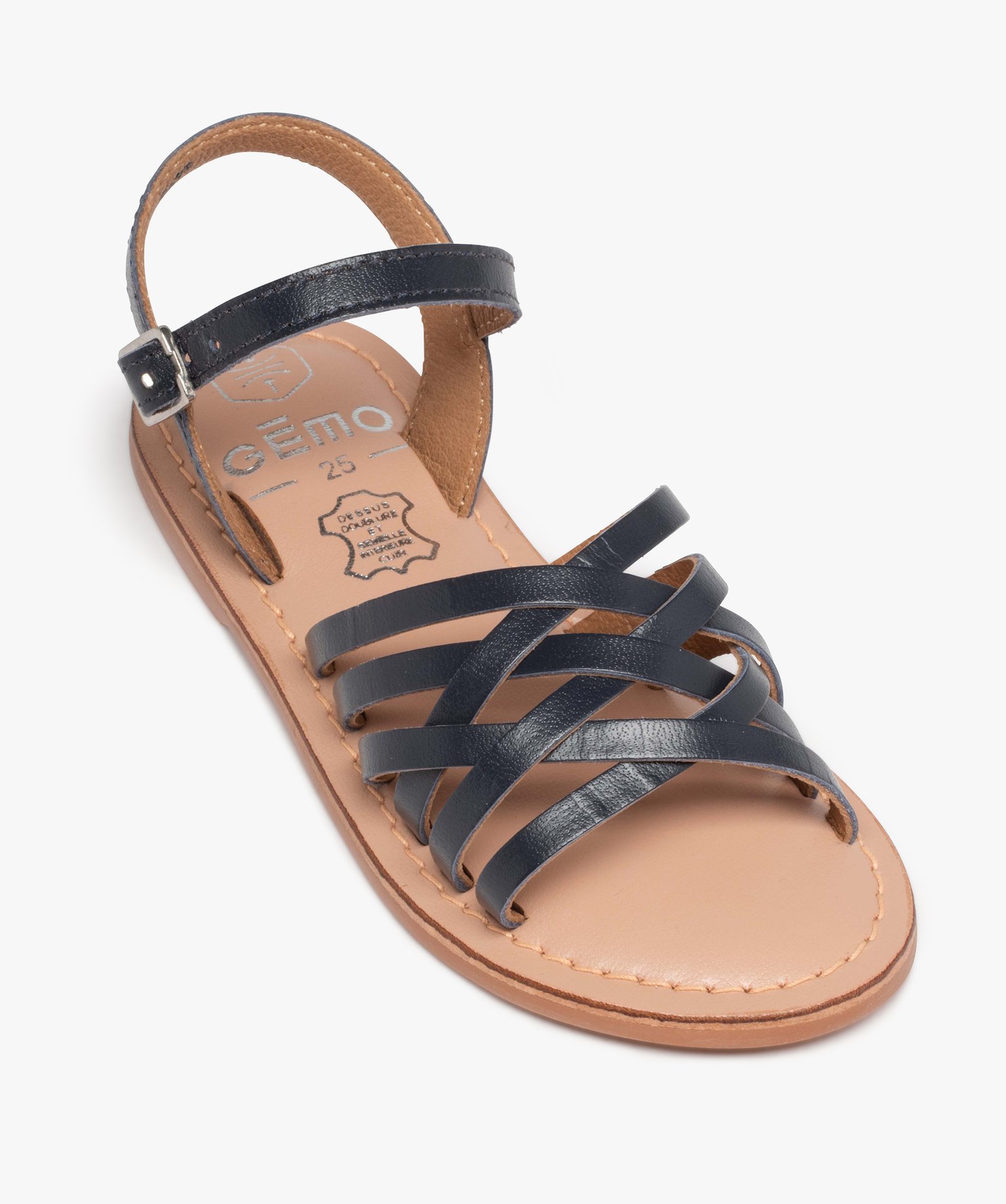 Sandales fille unies à fines brides entrelacées en cuir marine | GEMO