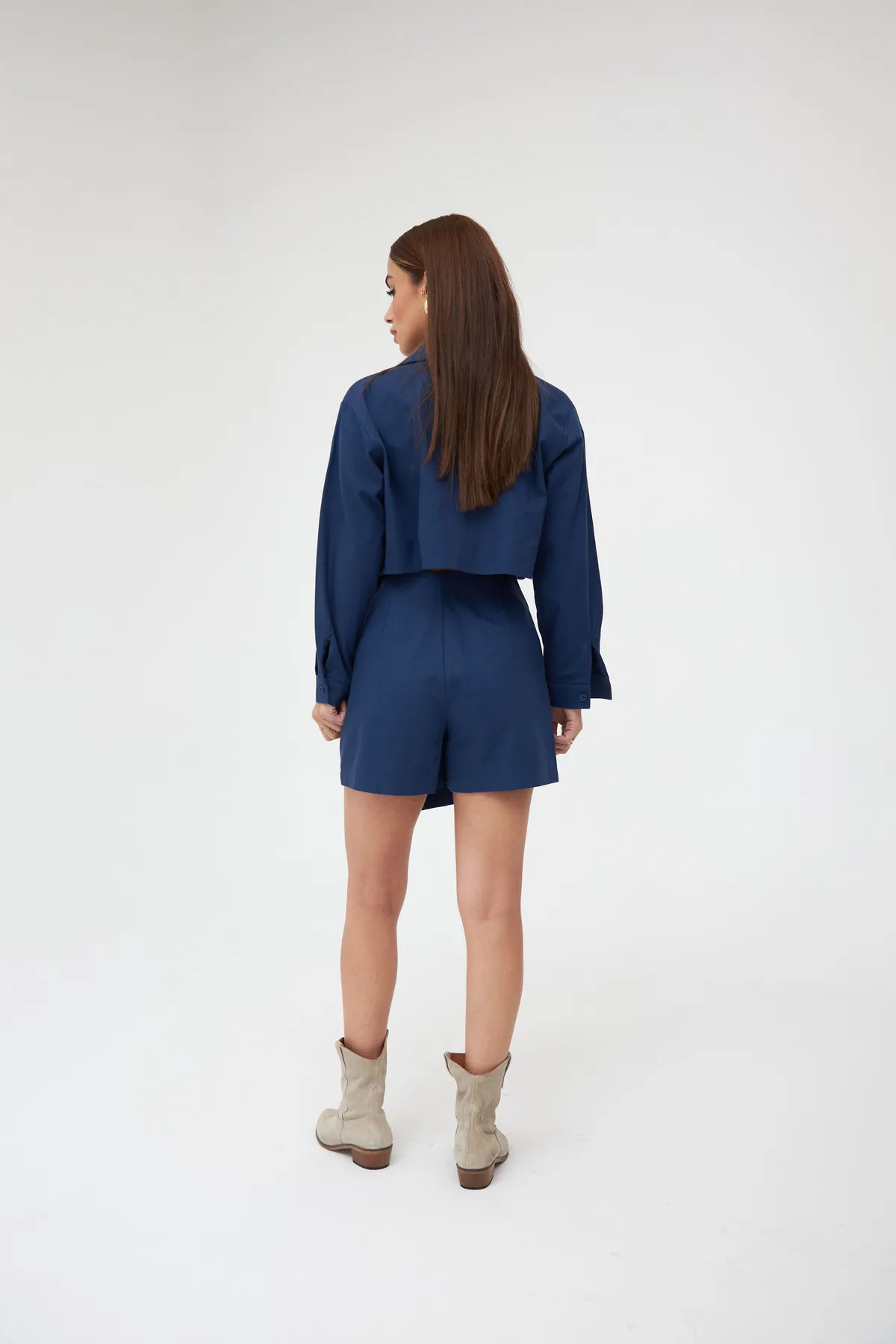 Laluvia  Marineblaues Baumwoll-Hemd-Shorts-Rock-Set mit Streifen vorne und detailliertem Detail