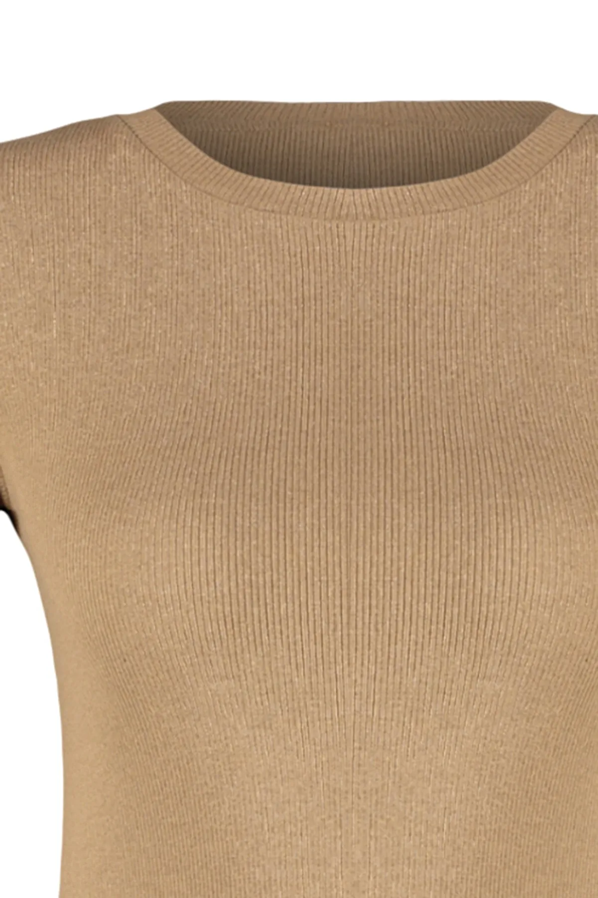 Trendyol Collection  Nerzfarbene, taillierte/taillierte Bluse aus Stretch-Strick mit Rundhalsausschnitt und Kordelzug TWOSS23BZ00025