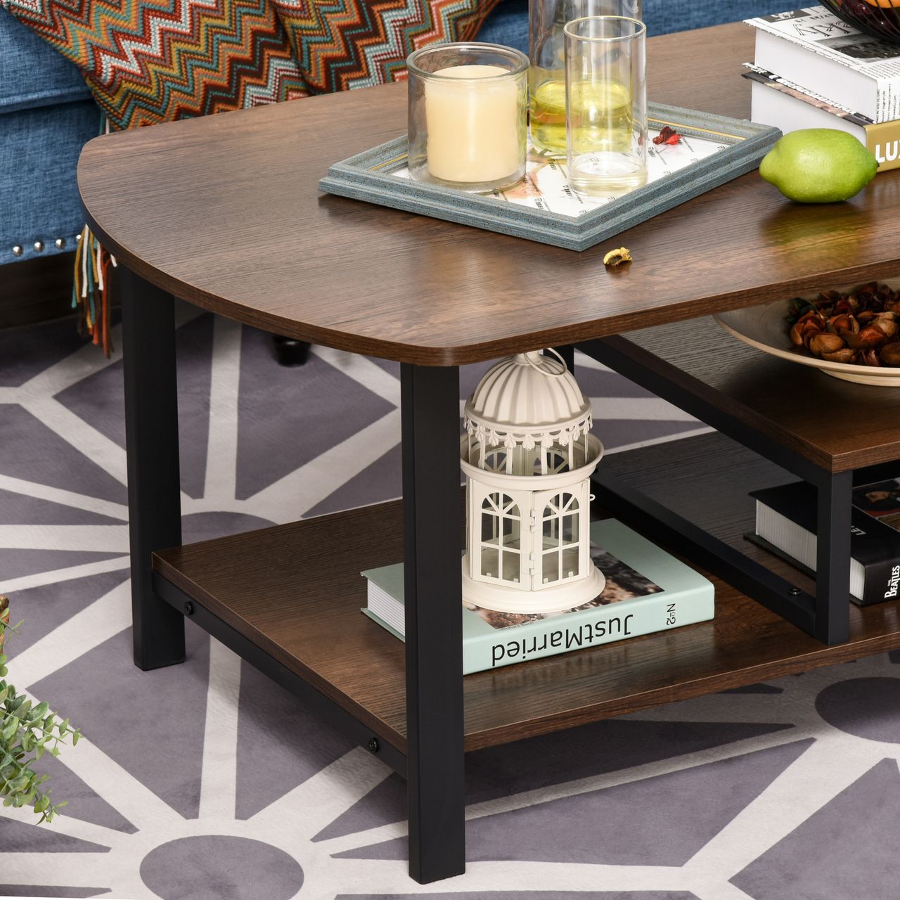 HOMCOM Couchtisch, Wohnzimmertisch Kaffeetisch mit Ablageflächen für Büro, Wohnzimmer, Schlafzimmer, industrieller Stil, E1 Spanplatte, Stahl, Braun, 100L x 60B x 46H cm