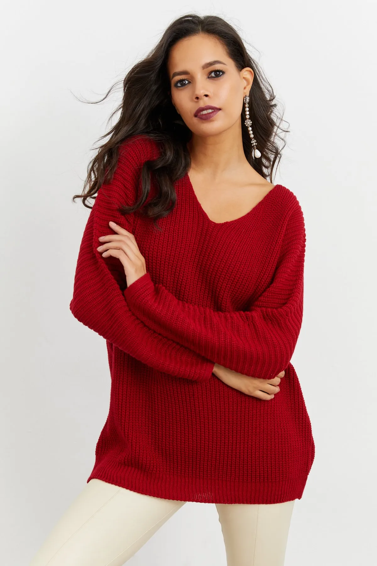 Cool & Sexy  Burgunderrote Damen-Stricktunika mit V-Ausschnitt, lockere Passform, SMT158