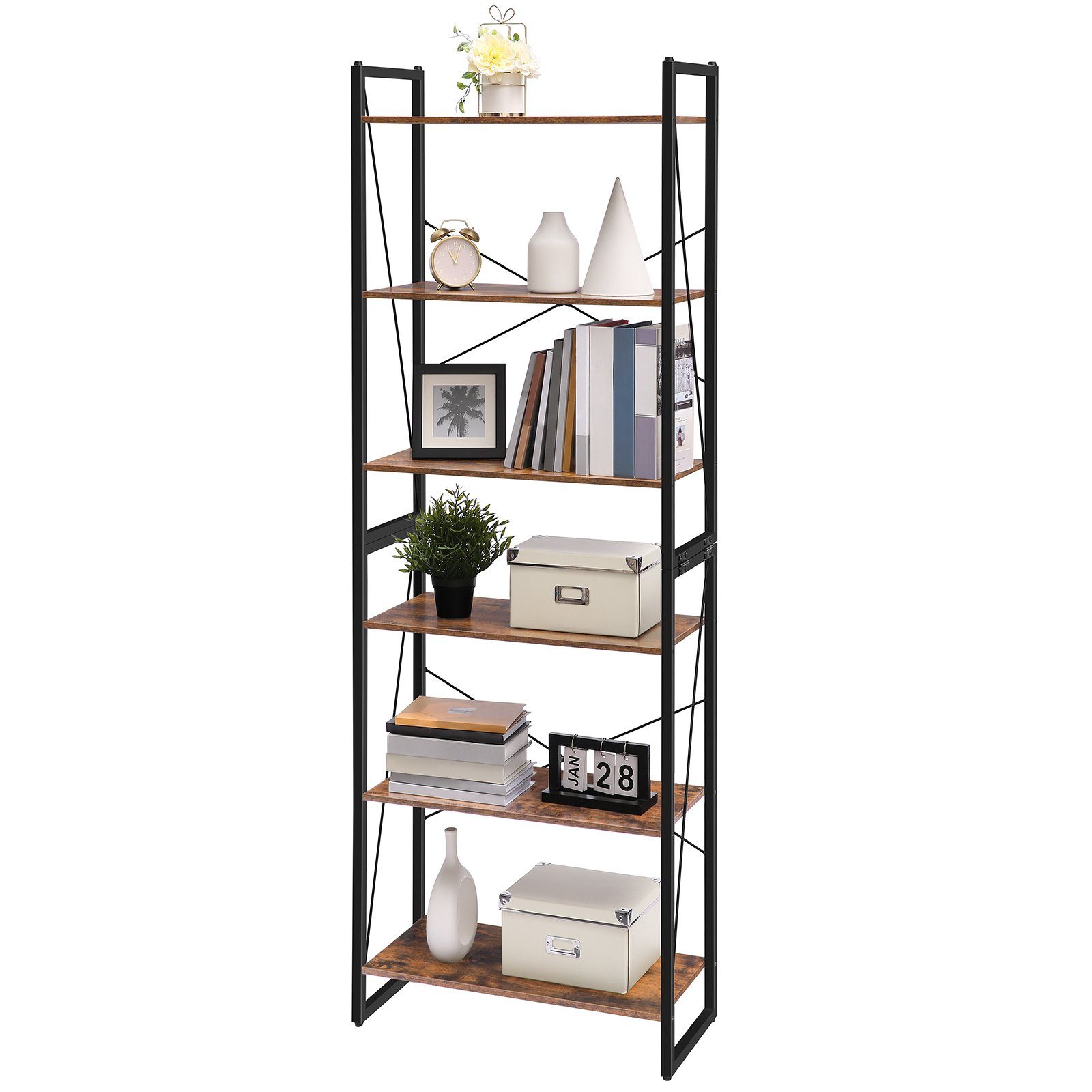 BERLINLODGE® Bücherregal Manhattan 6 Ebenen, Leiterregal Standregal vintage-braun industry-style, für Wohnzimmer, Büro, Schlafzimmer, Küche