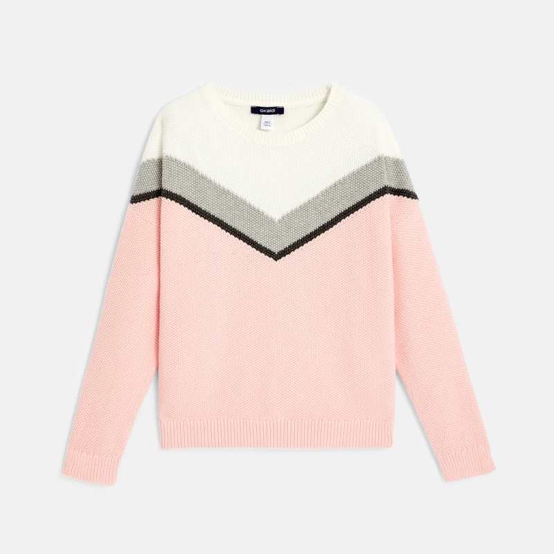 Pull jacquard col rond rose fille
