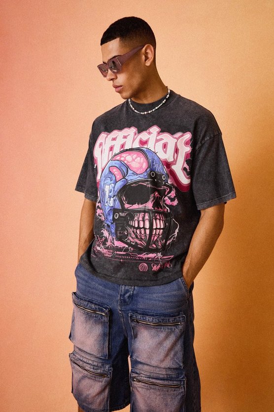 Kastiges Oversize T-Shirt mit Official Totenkopf-Print und Acid-Waschung
