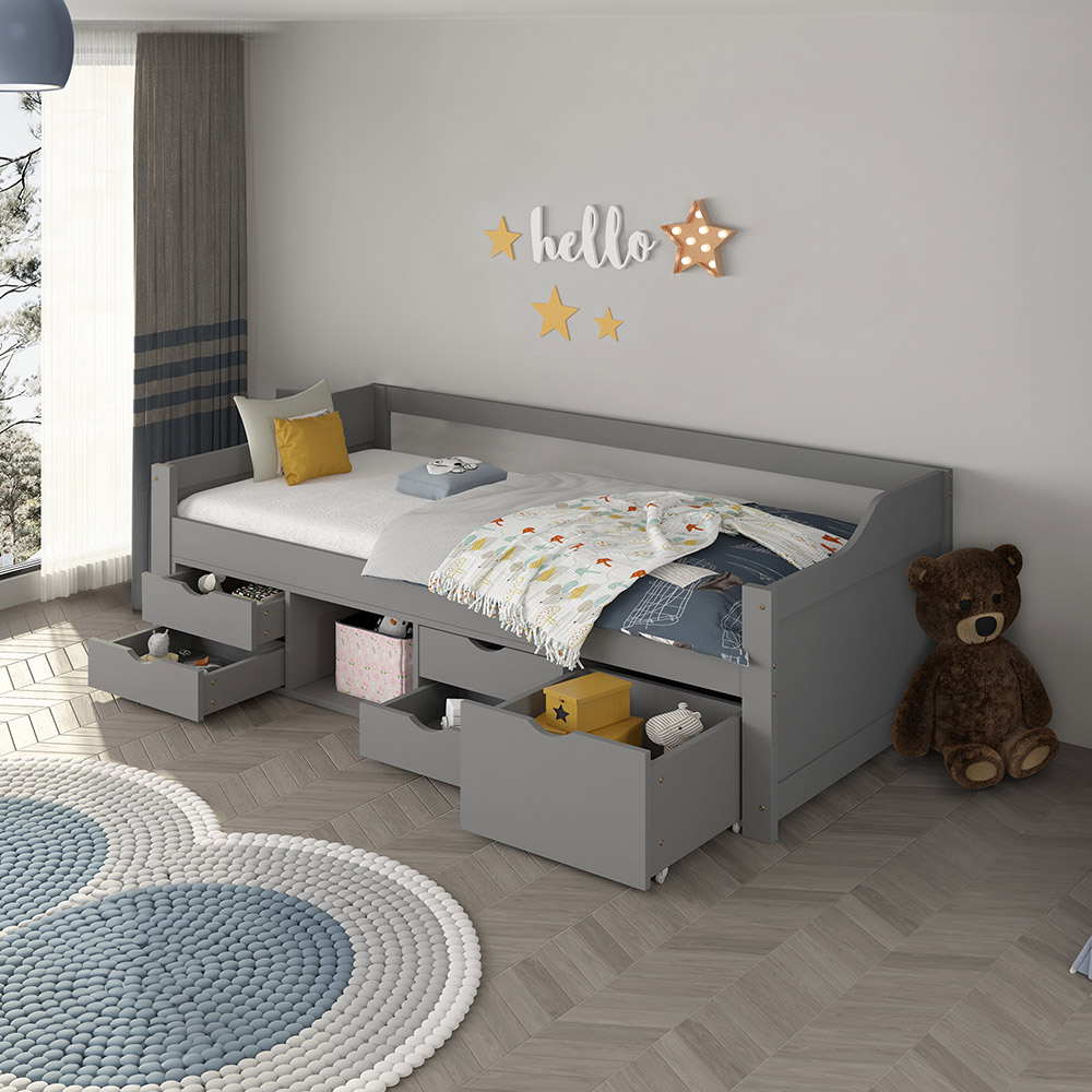 Home Deluxe HOME DELUXE Kinderbett COSMOS mit Schubladen und Matratze - 90 x 200 cm Grau