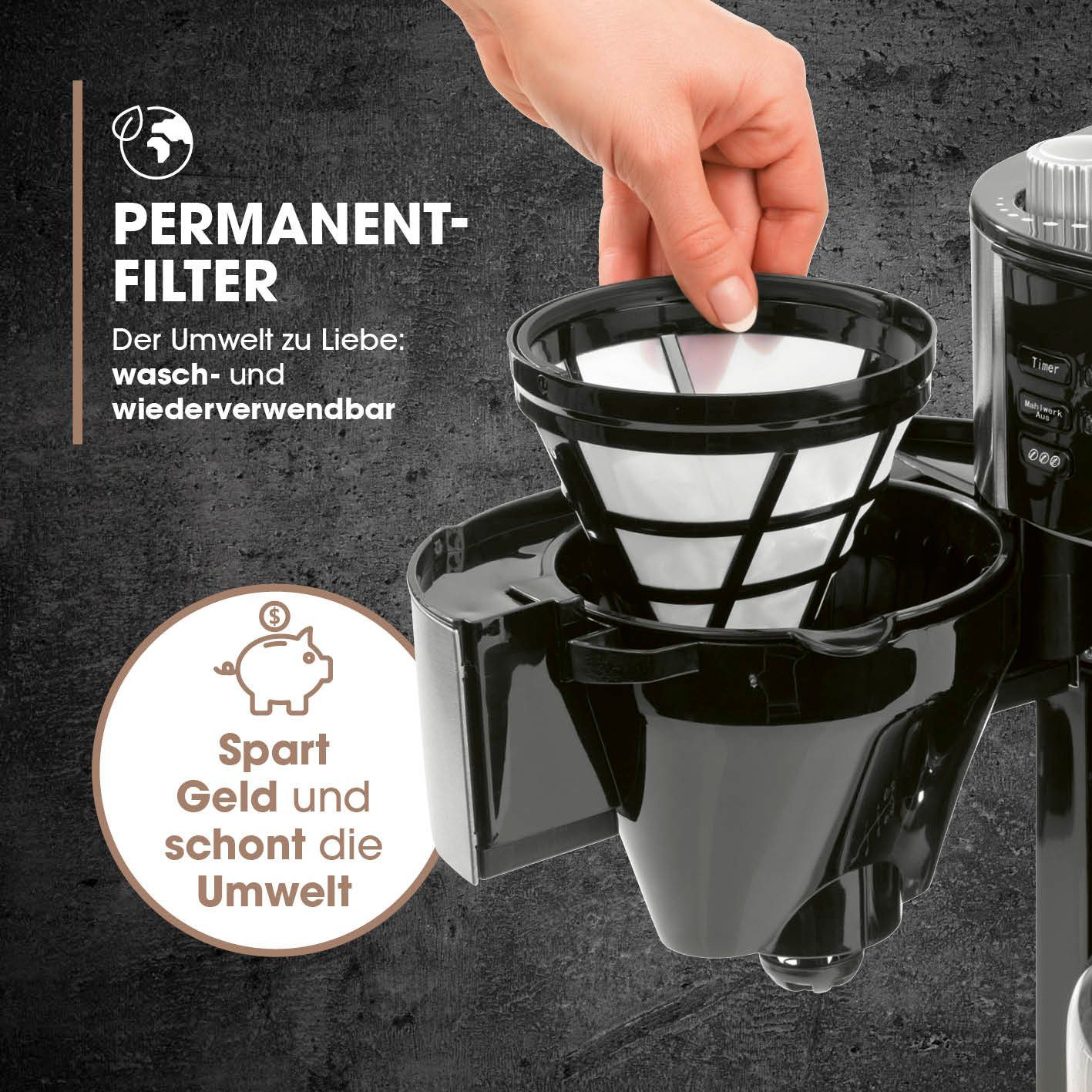 Barista Kaffeemaschine mit Mahlwerk inkl. Glaskanne 12 Tassen für Bohnen & Pulver, 1.5l Kaffeekanne, 900W Edelstahl/Schwarz