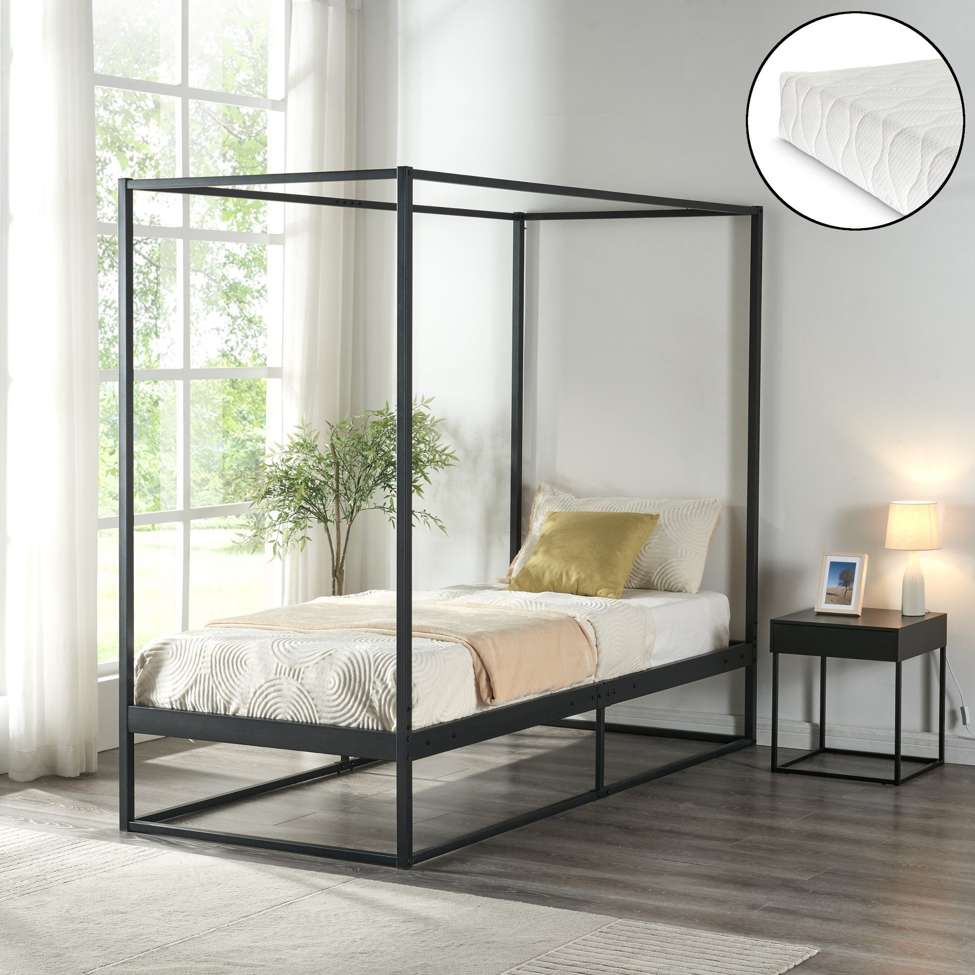 en.casa Himmelbett, Kristianstad mit Matratze Metall Schwarz 90 x 200 cm