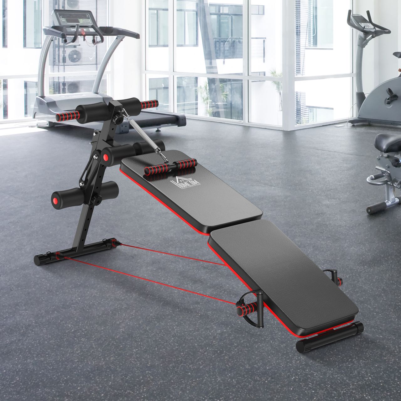 HOMCOM Sit Up Bank Bauchtrainer mit Trainingsseile Trainingsbank Multifunktion Schwarz Rot 51x137x50-66 cm