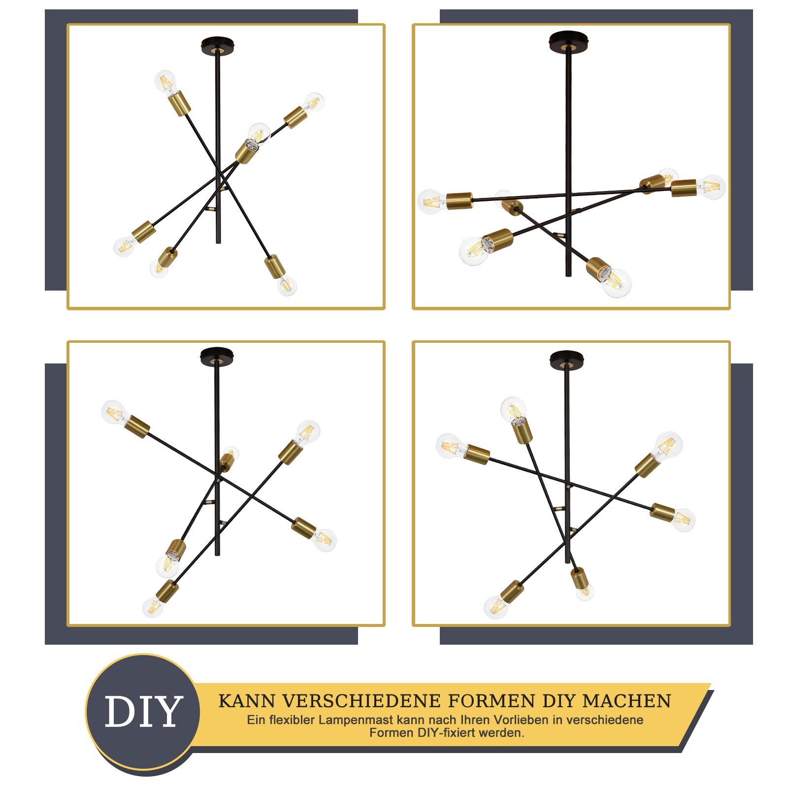 Nettlife Pendelleuchte Schwarz Esstisch mit 4/6 Flammig Hängelampe Vintage Hängeleuchte, Flexibler Lampenmast, ohne Leuchtmittel, für Wohnzimmer Esszimmer Schlafzimmer, 6 Flammig, E27
