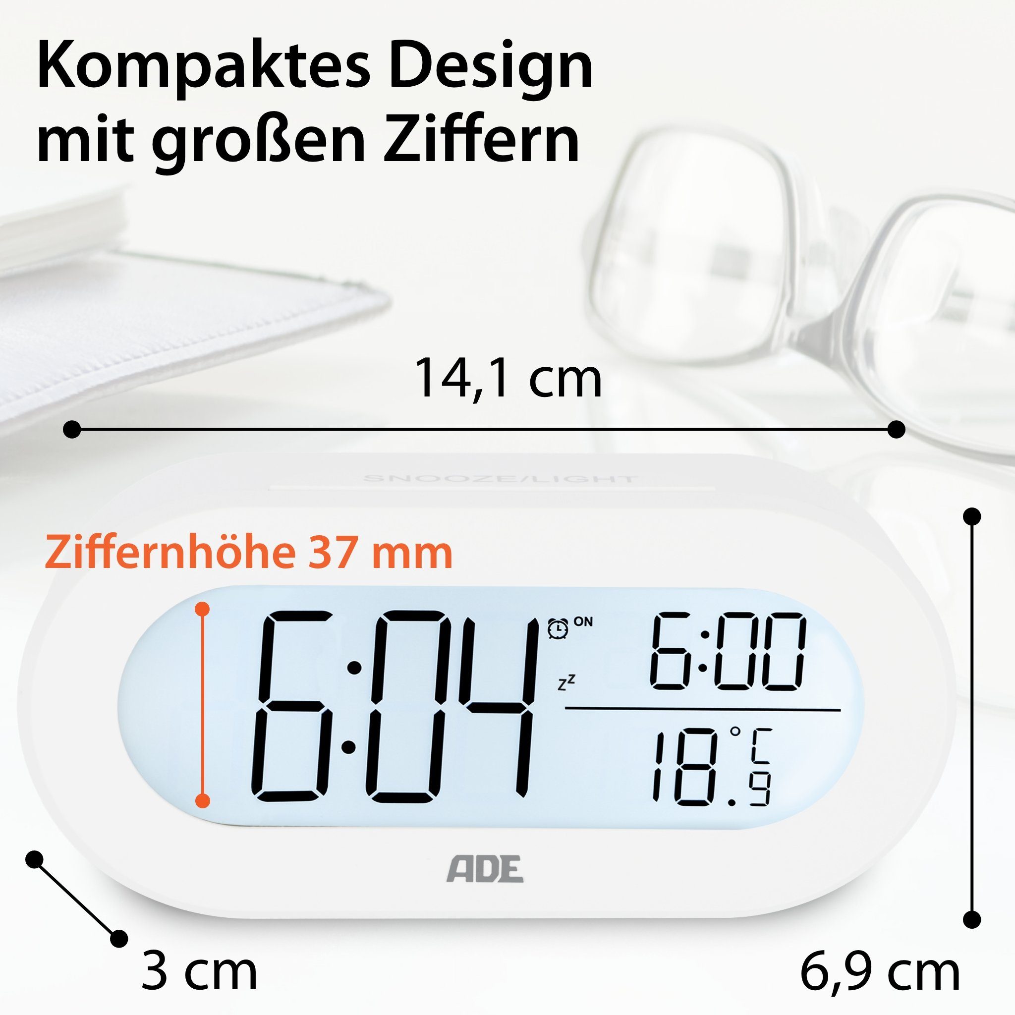 ADE Wecker digital mit Temperaturanzeige Schlummerfunktion, LCD-Display mit Hintergrundbeleuchtung