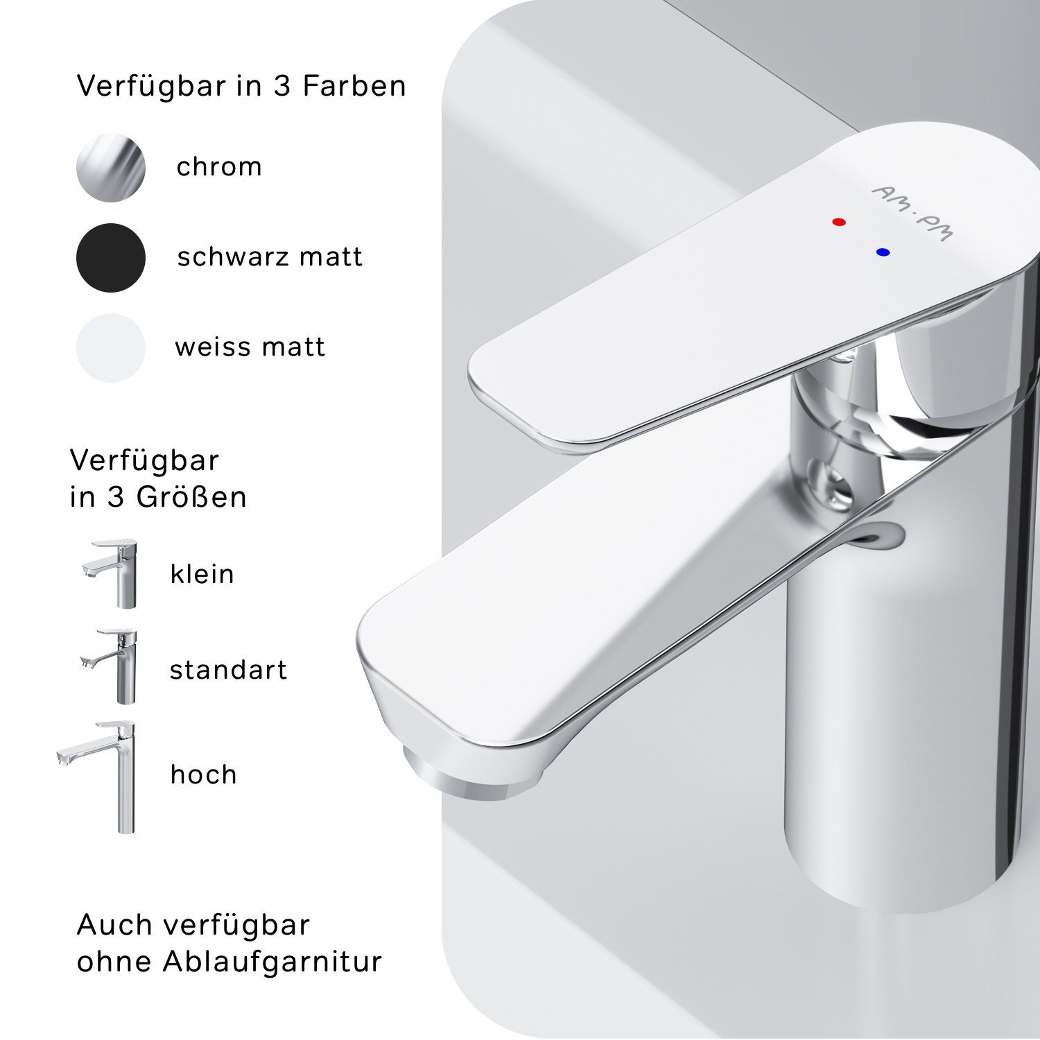AM.PM Waschtischarmatur Waschbeckenarmatur Hit Waschbecken Wasserhahn Bad (mit Klick-Ablaufgarnitur, Mischbatterie) Waschtisch Mischbatterie Badezimmer Badarmatur