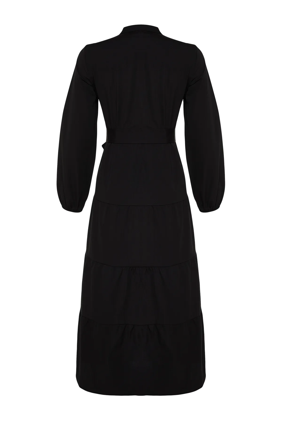 Trendyol Modest  Schwarzes gewebtes Kleid mit Gürtel, Chief-Kragen und Knopfdetail TCTSS21EL3343