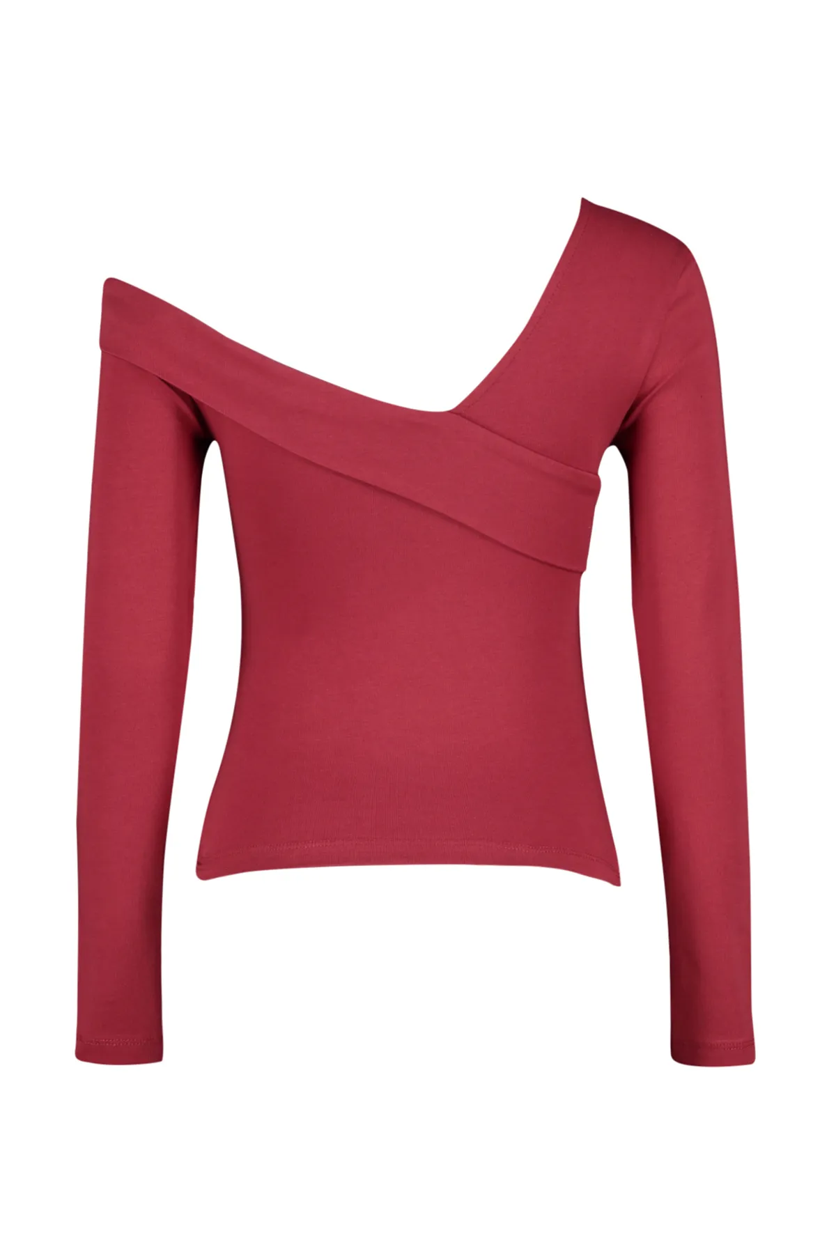 Trendyol Collection  Burgunderrote, eng anliegende, kurz geschnittene Strickbluse aus Baumwolle mit dehnbarem Volant TWOAW24BZ00161