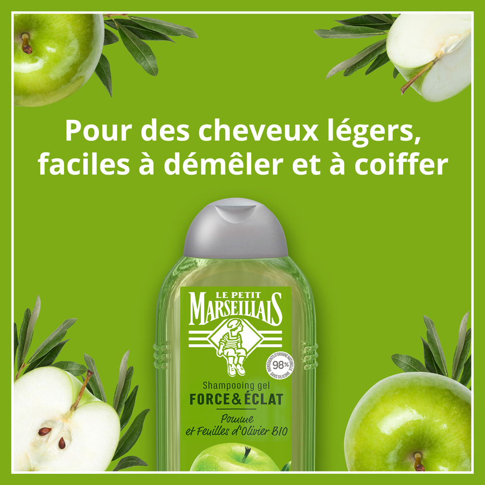 le petit marseillais Shampooing Force & Eclat , Pomme BIO & Feuille d'Olivier BIO, 250ml Shampoing