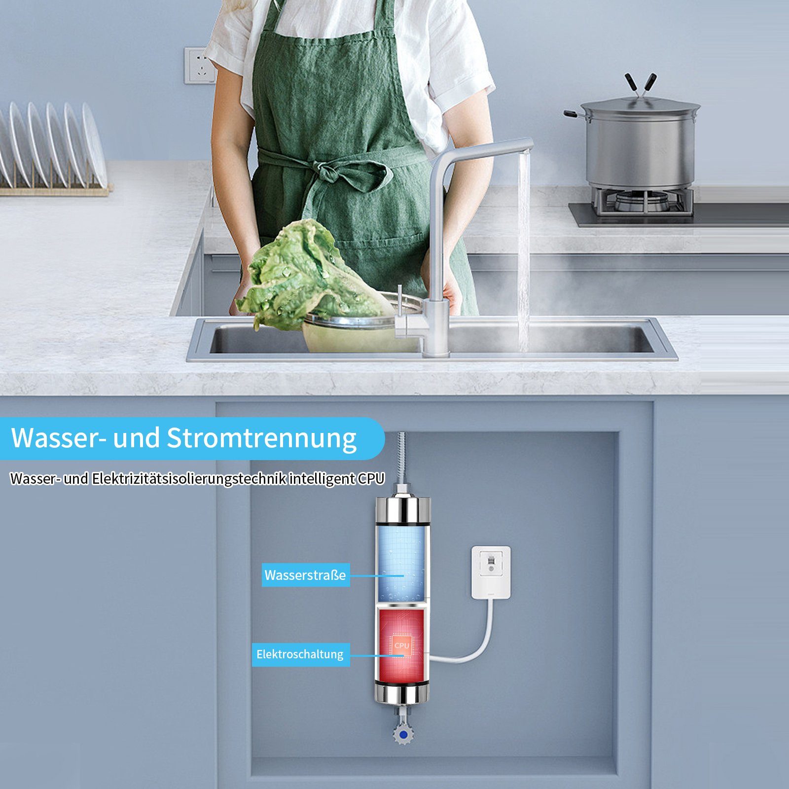 TWSOUL Klein-Durchlauferhitzer 3500W Smart Inverter Elektrischer Durchlauferhitzer Silber, 30,00 °C, max 52,00 °C, Automatische Frequenzumwandlung bei konstanter Temperatur