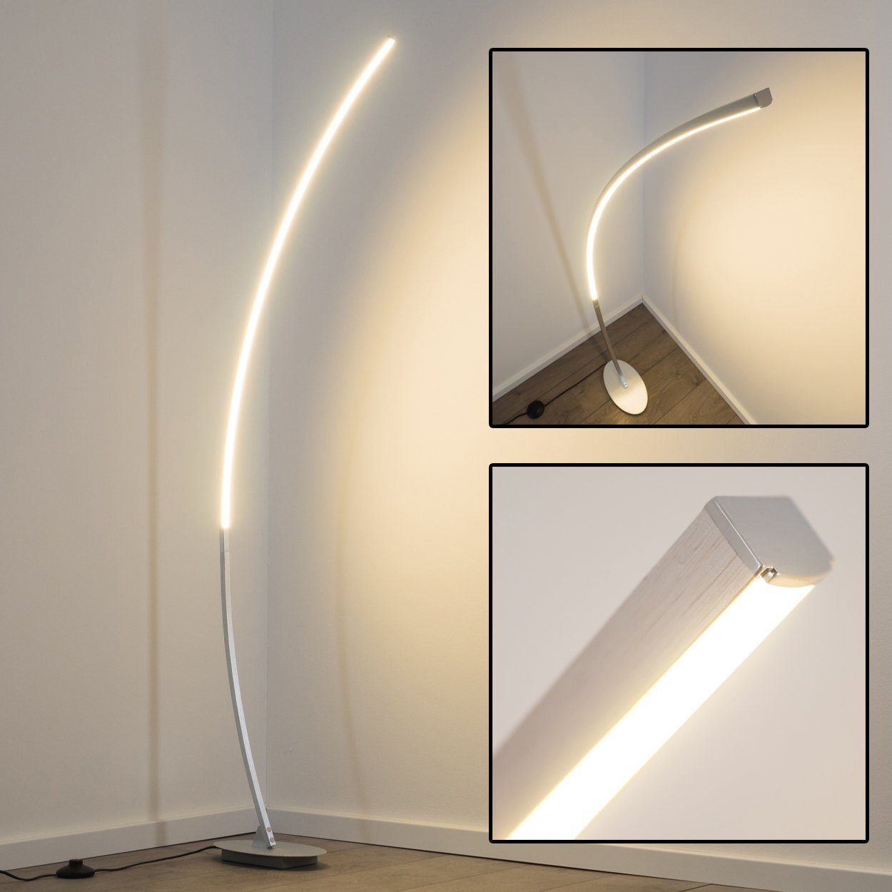 hofstein Stehlampe Brie LED Designer Standlampe in Aluminiumgebürstet, Stehleuchte mit Fußschalter und Kabel, Leselampe, LED 1100 Lumen
