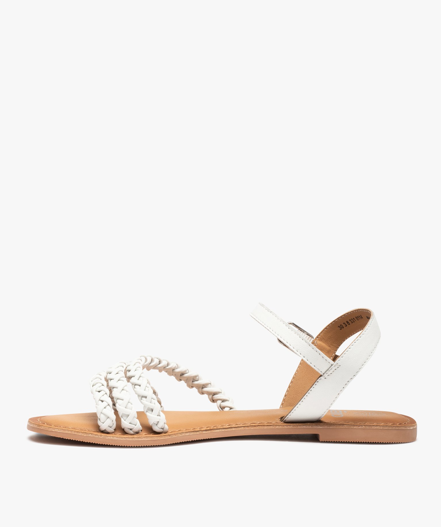Sandales femme à talon plat et brides tressées en cuir blanc | GEMO