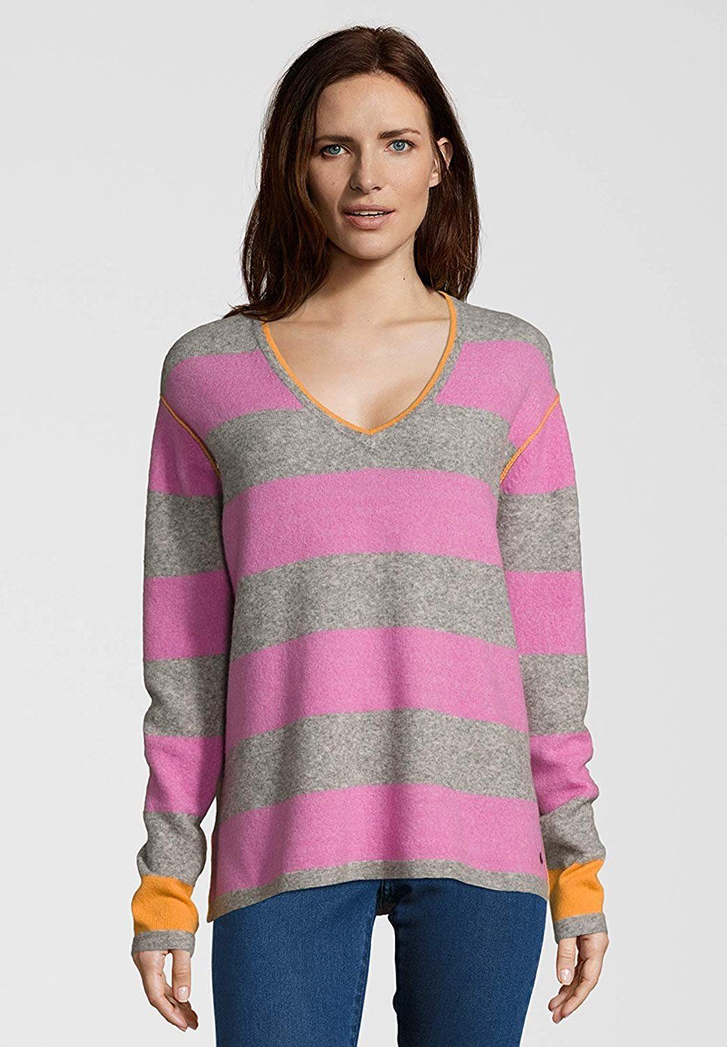 Grace Fashion Wollpullover Blockstreifen Rose Pink Coole Seitenschlitze am Saum