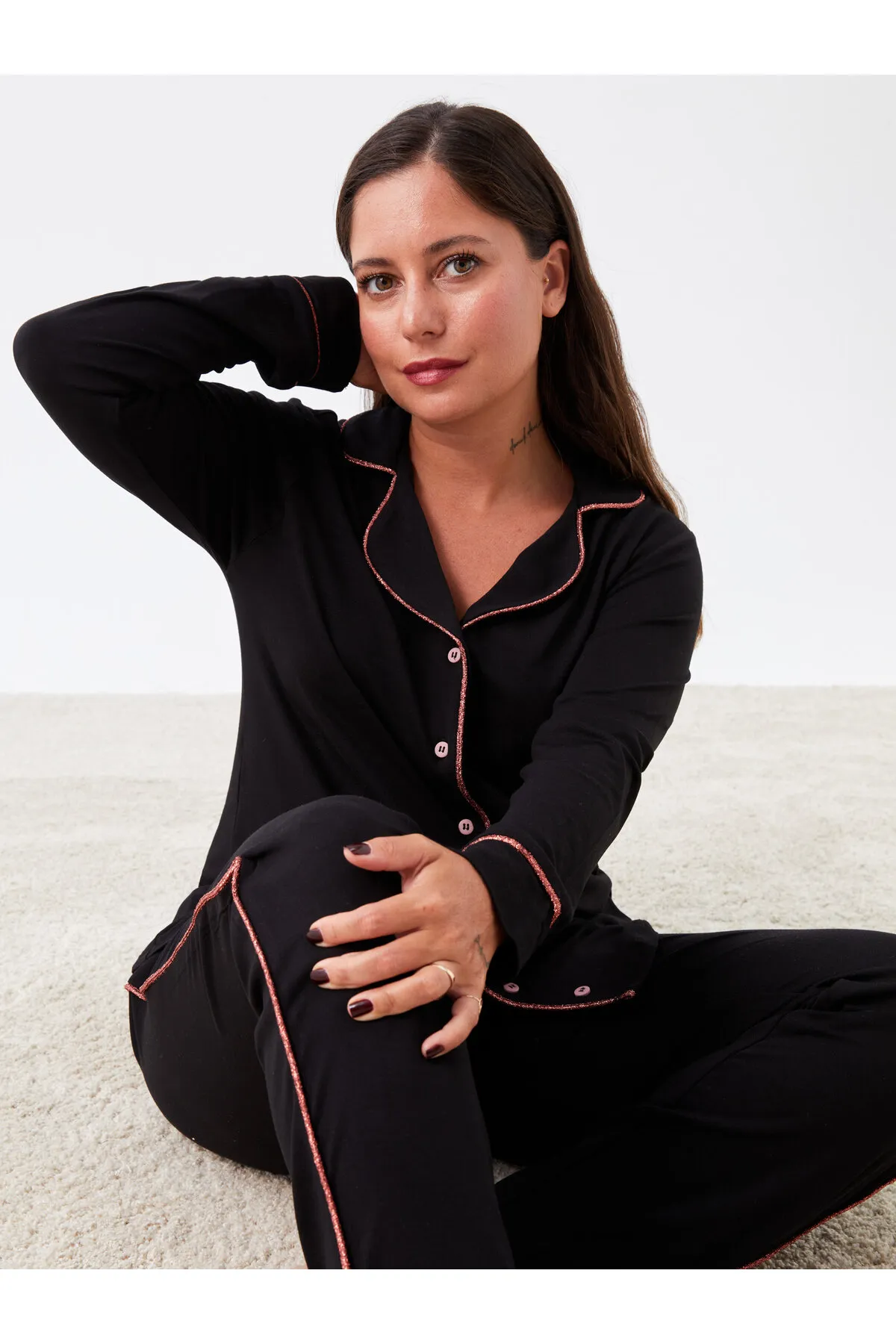 LC Waikiki  Petite-Damenpyjama-Set mit Hemdkragen, einfarbig und langärmlig