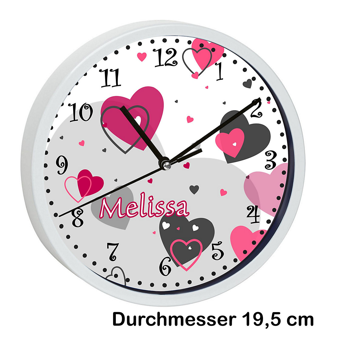 Kinder Wanduhr personalisiert mit Name Herz Rosa Grau