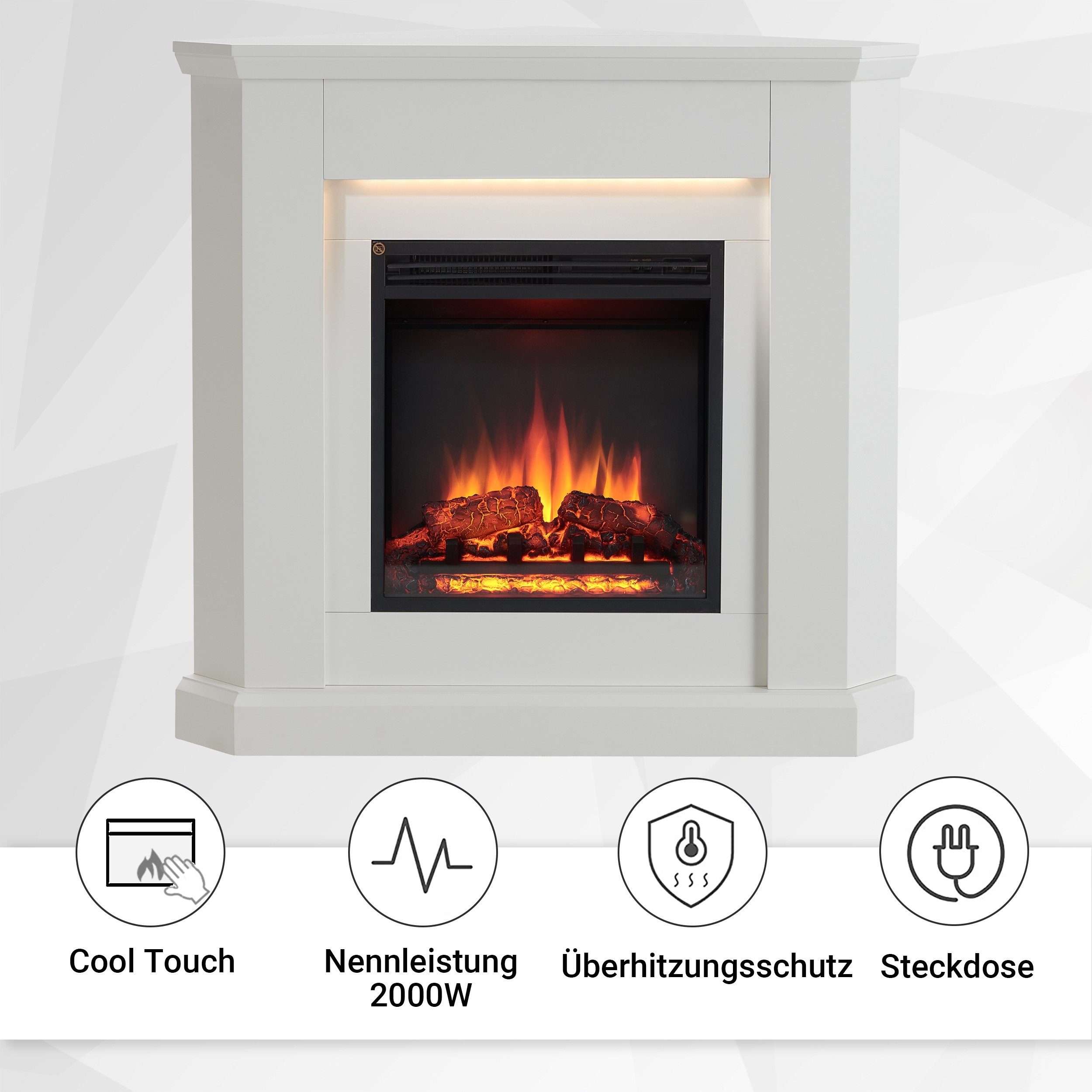 CrownFlame Elektrokamin Pegasos, Eckkamin mit Heizung 2000W, Heizung, LED-Beleuchtung, 3D-Flammeneffekt & Fernbedienung