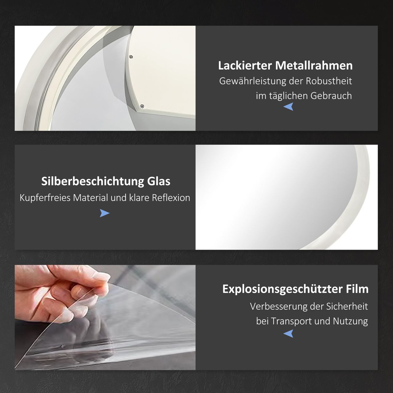 kleankin Badspiegel mit Beleuchtung, Ø70 cm Wandspiegel mit 3 Lichtfarben