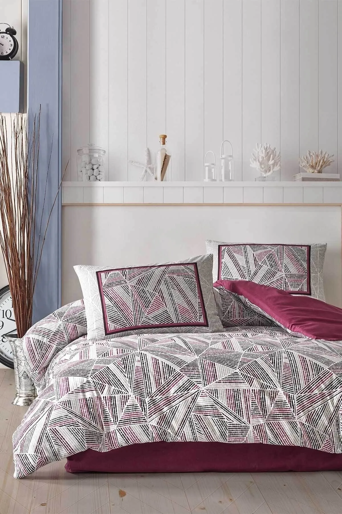 Elart  Ahenk Spannbettbezug-Set für Doppelbett, 100 % natürliche Baumwolle, Ranforce, 4-teilig, Pflaume