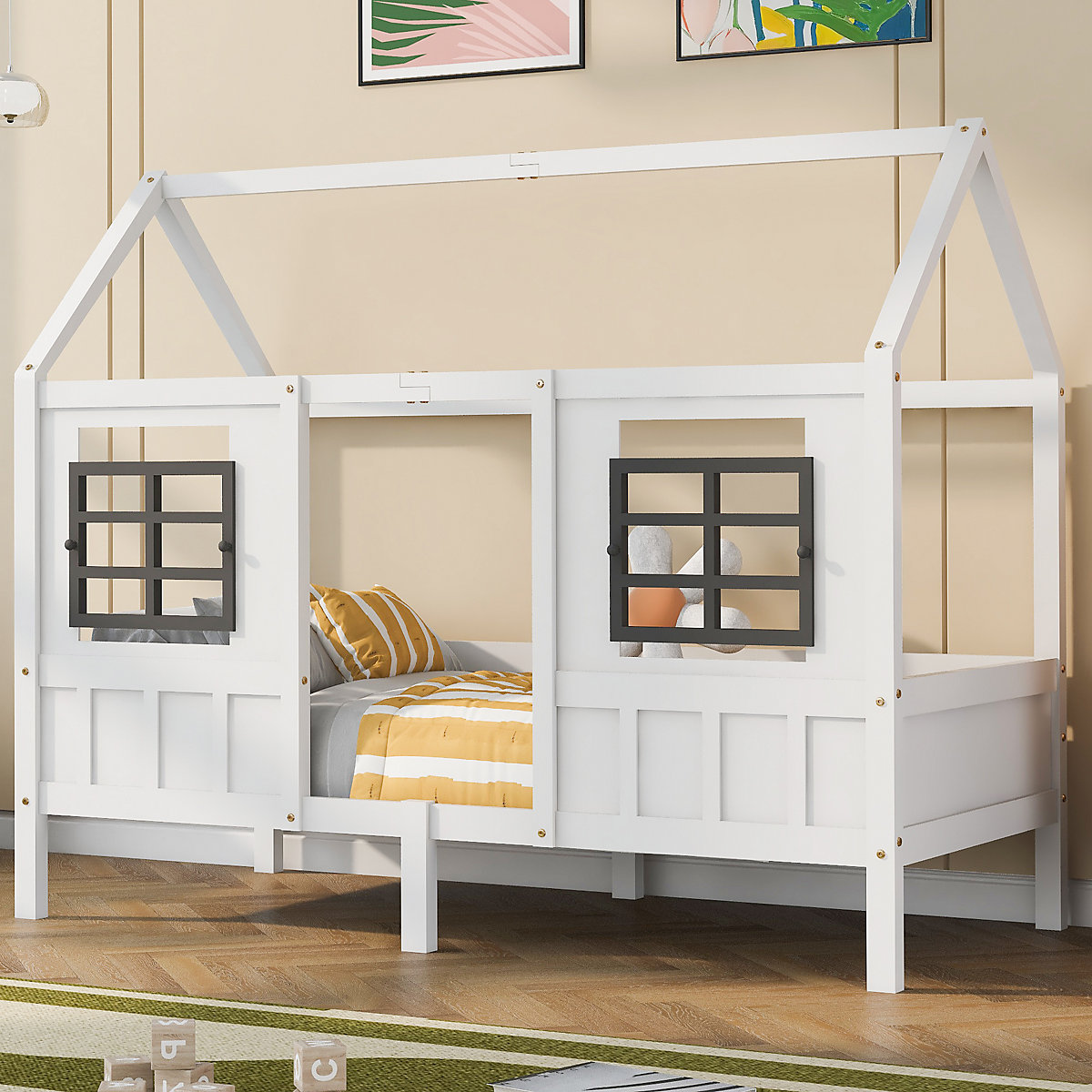 Hausbett 90x200 cm mit Rausfallschutz und Fenstern, Kinderbett Kiefer