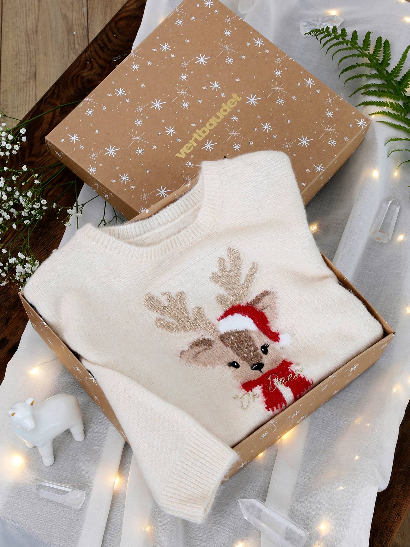 Vertbaudet Mädchen Geschenk-Set: Weihnachtspullover & 2 Haargummis - wollweiß