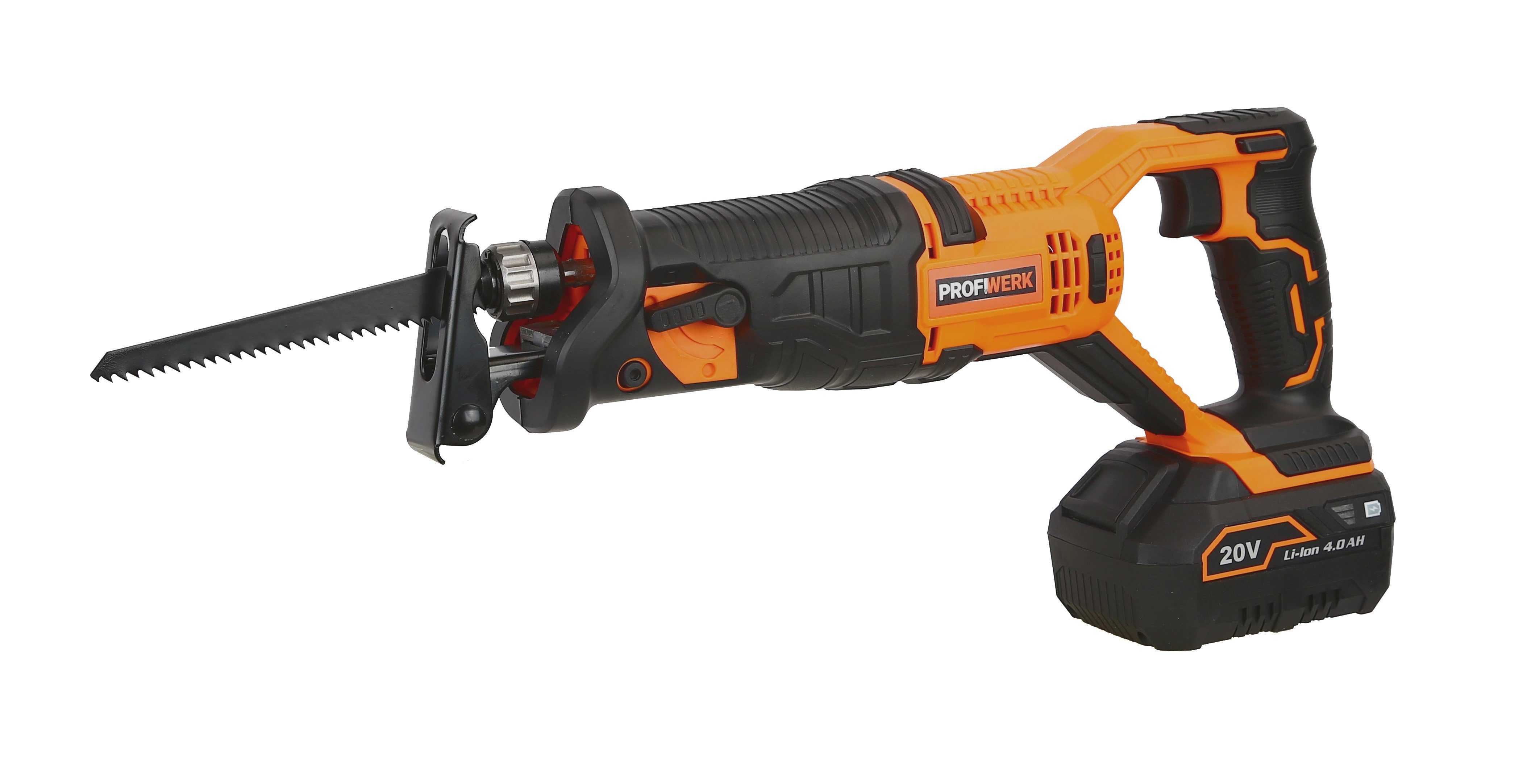 Profiwerk Akku-Säbelsäge PWSS-01-Kit 20V, Schnittleistung 115/10mm, 4Ah Akku, Netzteil