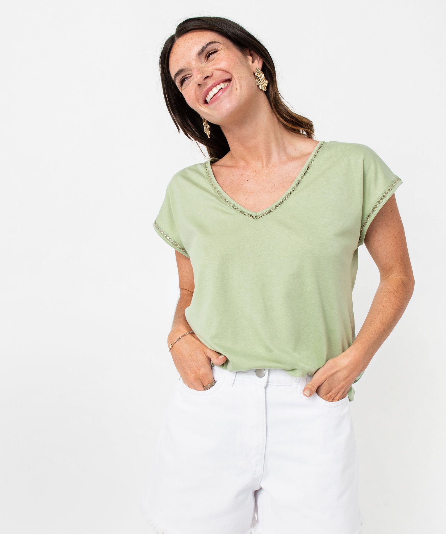 Tee-shirt manches courtes à finition tressée pailletée femme kaki | GEMO