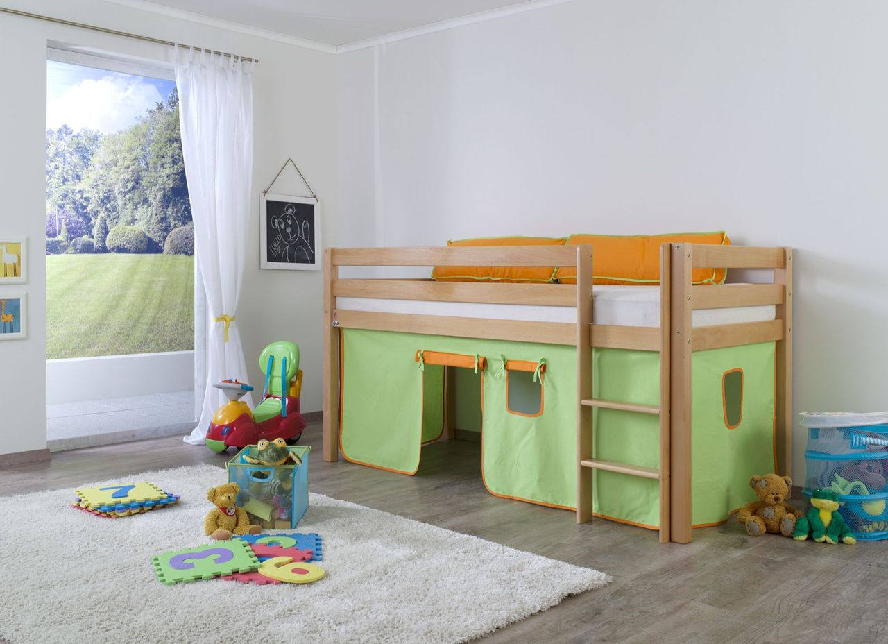 Relita Halbhohes Spielbett ALEX Buche massiv natur lackiert mit Stoffset Vorhang grün/organge