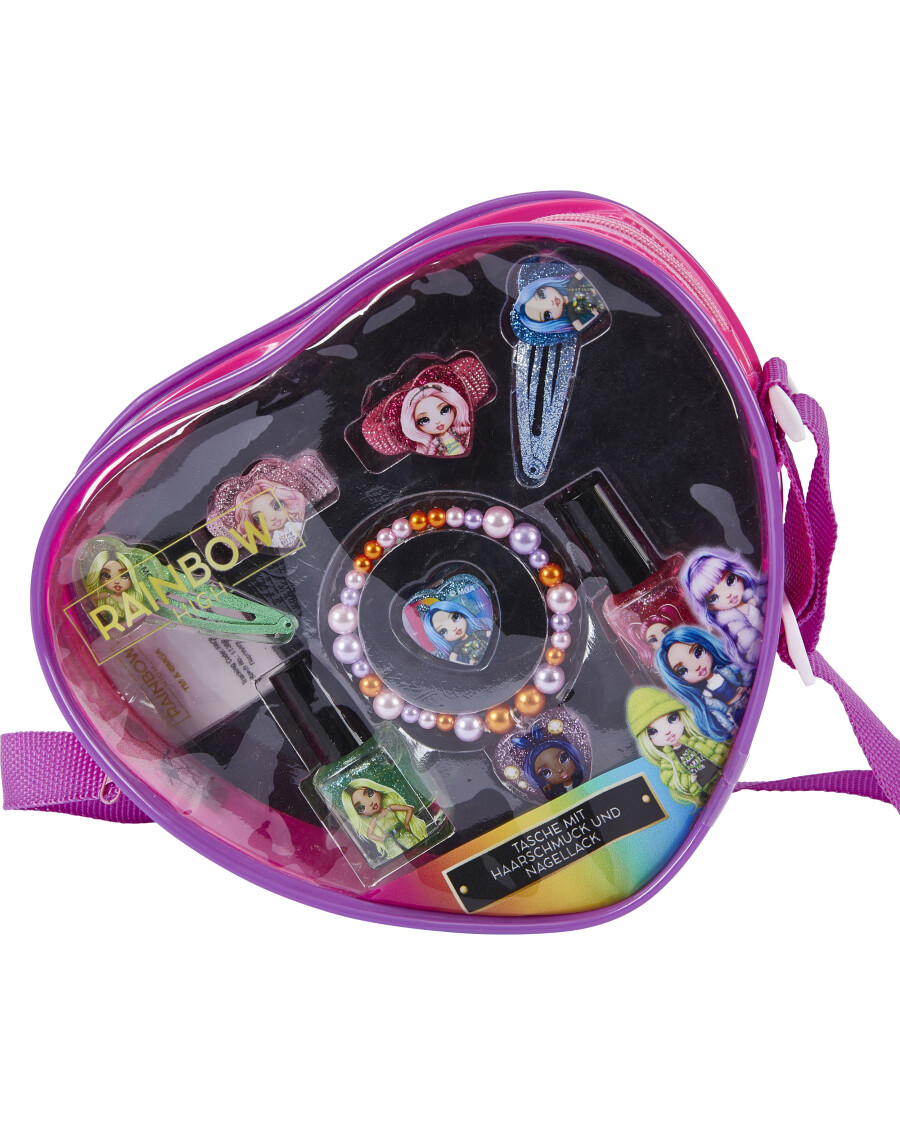 Tasche mit Haarschmuck und Nagellack