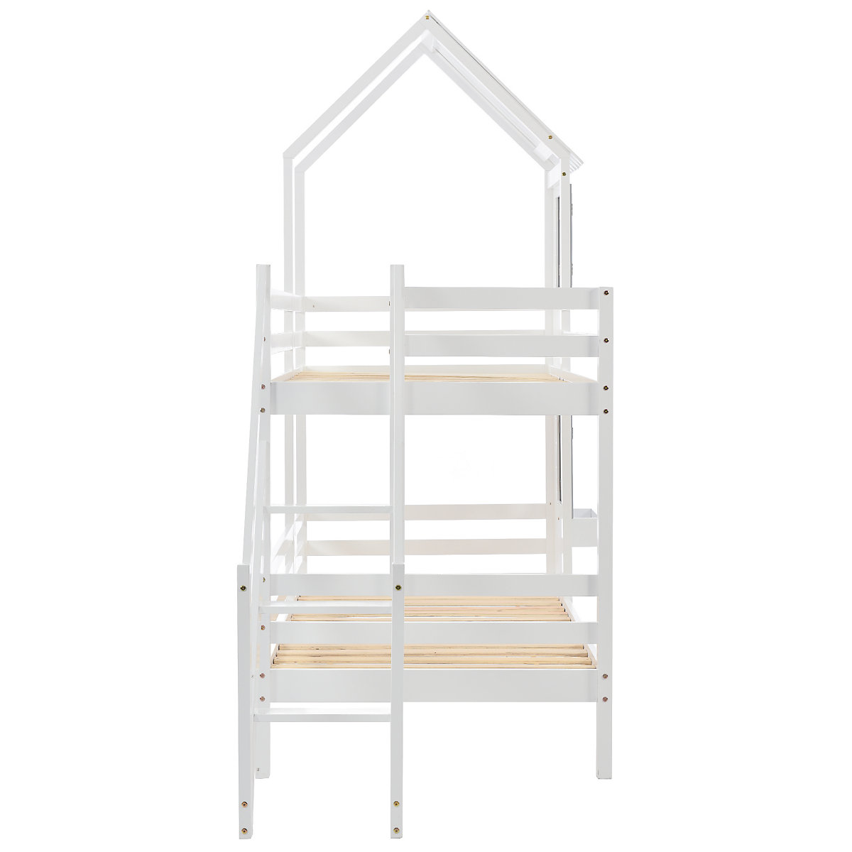Etagenbett mit Handlauf und Fenster, Hausbett, Fallschutz und Gitter, Kiefer