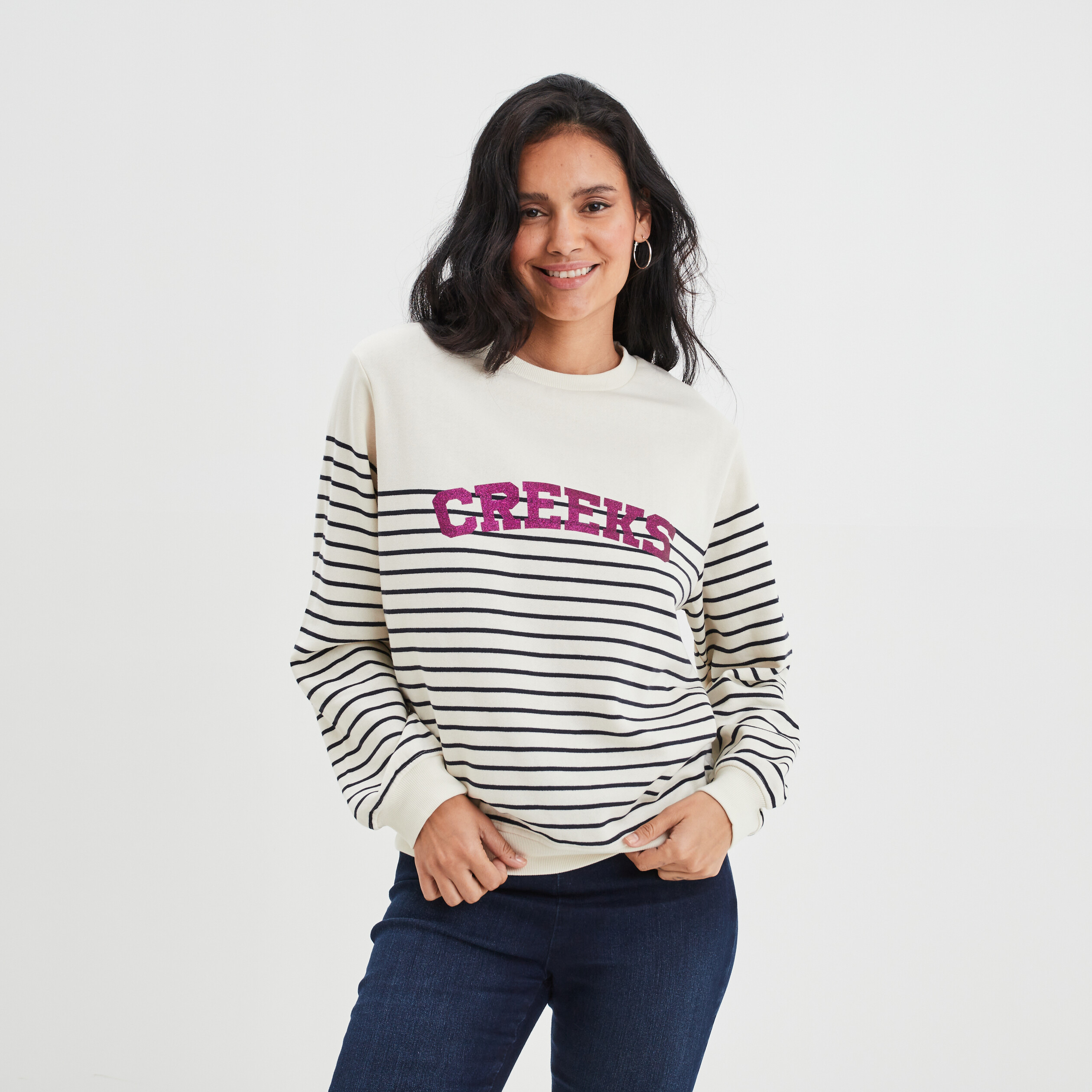 Sweat col rond logo paillettes Creeks ecru femme | La Halle