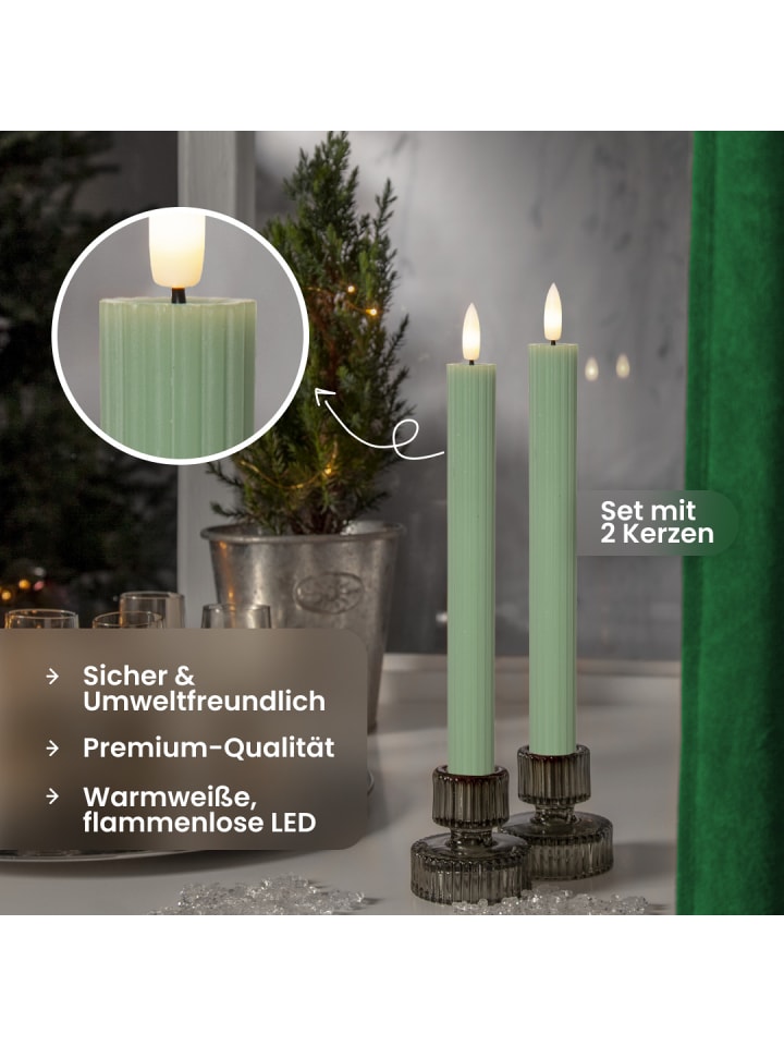 STAR Trading LED Stabkerze Flamme Stripe 2er-Set aus Wachs, grün in Grün günstig kaufen onesize