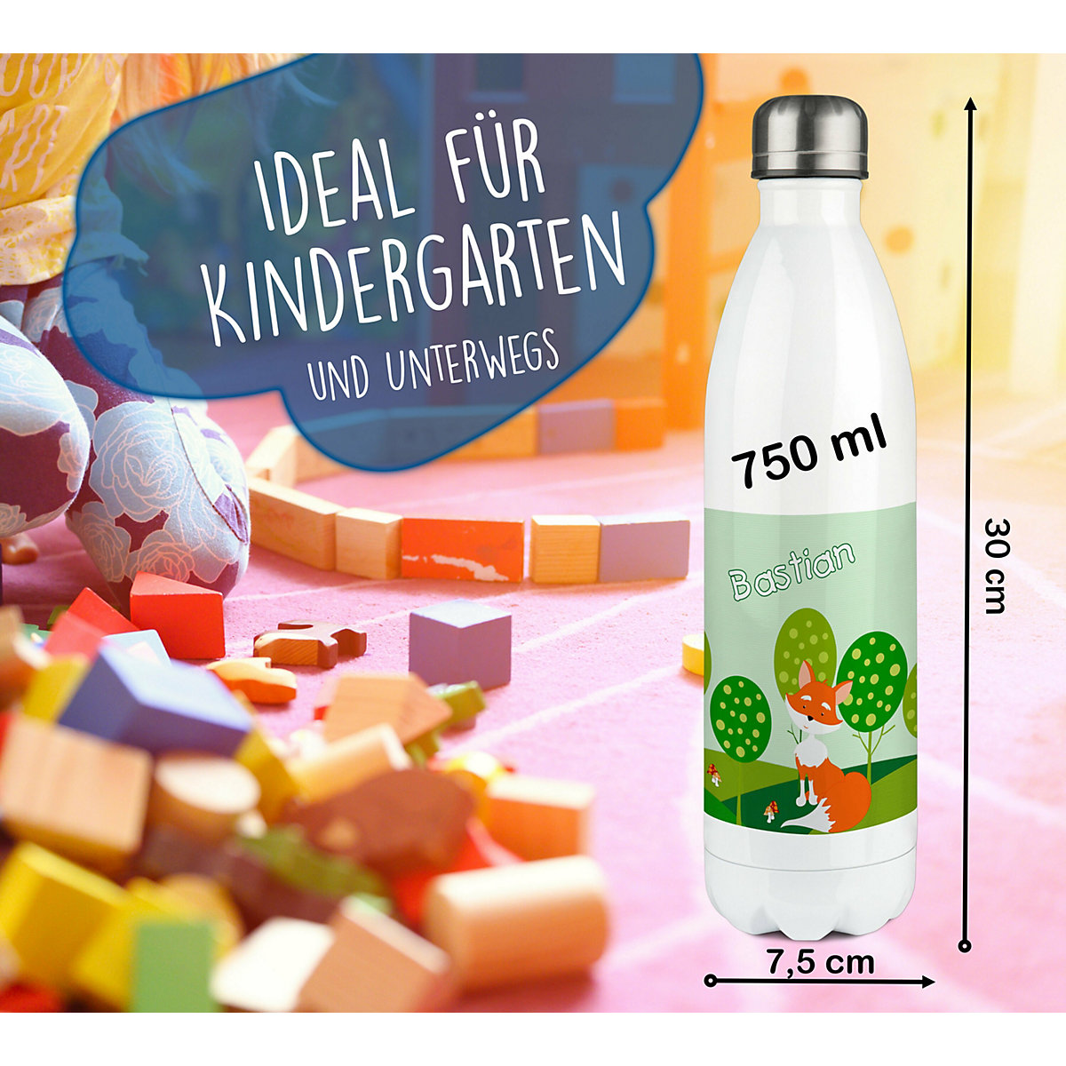 Edelstahl Kinder Thermoflasche / Trinkflasche bunt Fuchs Spülmaschinenfest, Auslaufsicher, Bruchfest, Doppelwandig, Für Heißgetränke geeignet, Mit Deckel, Isoliert