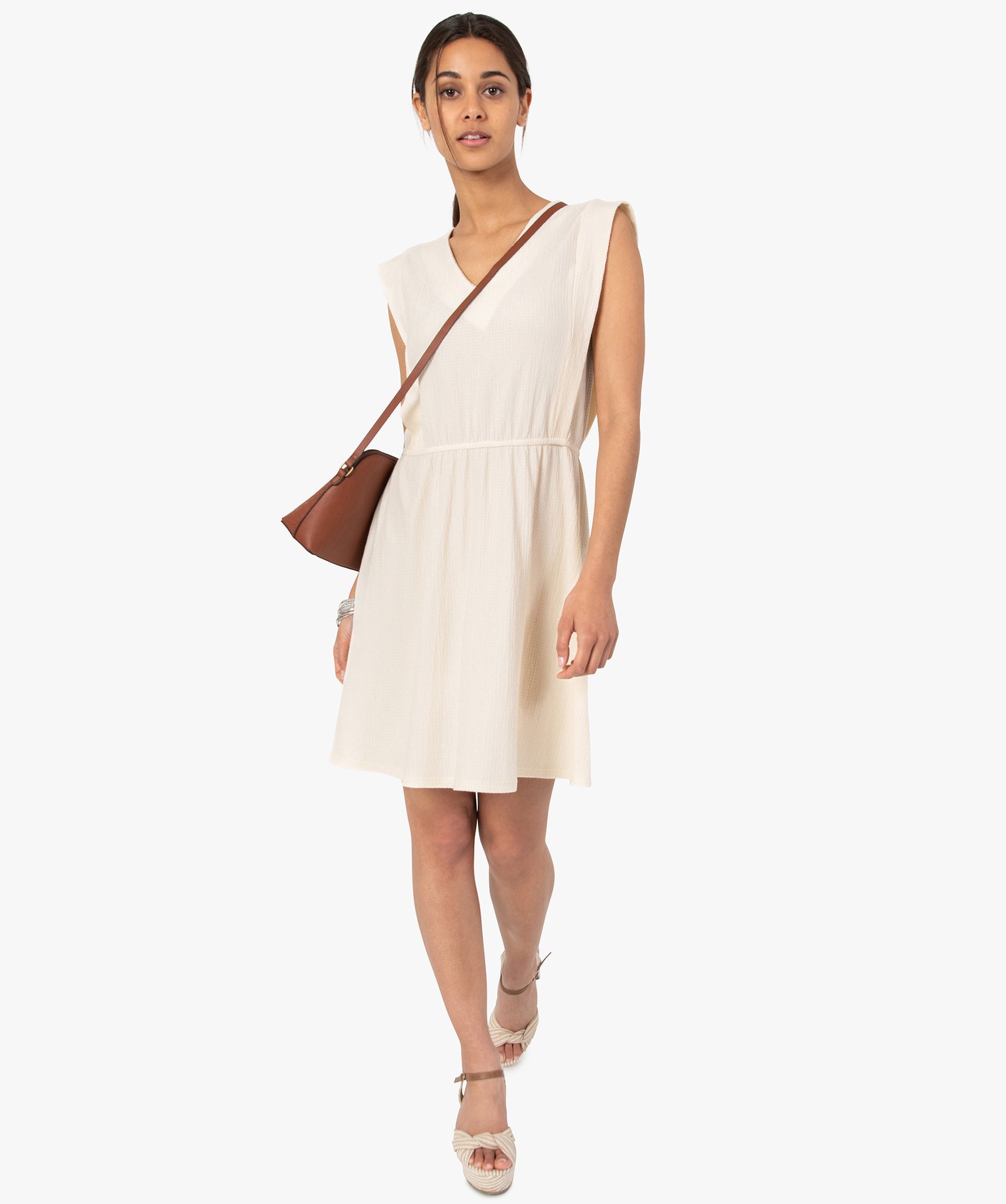 Robe femme en maille texturée avec col V scintillant ecru | GEMO