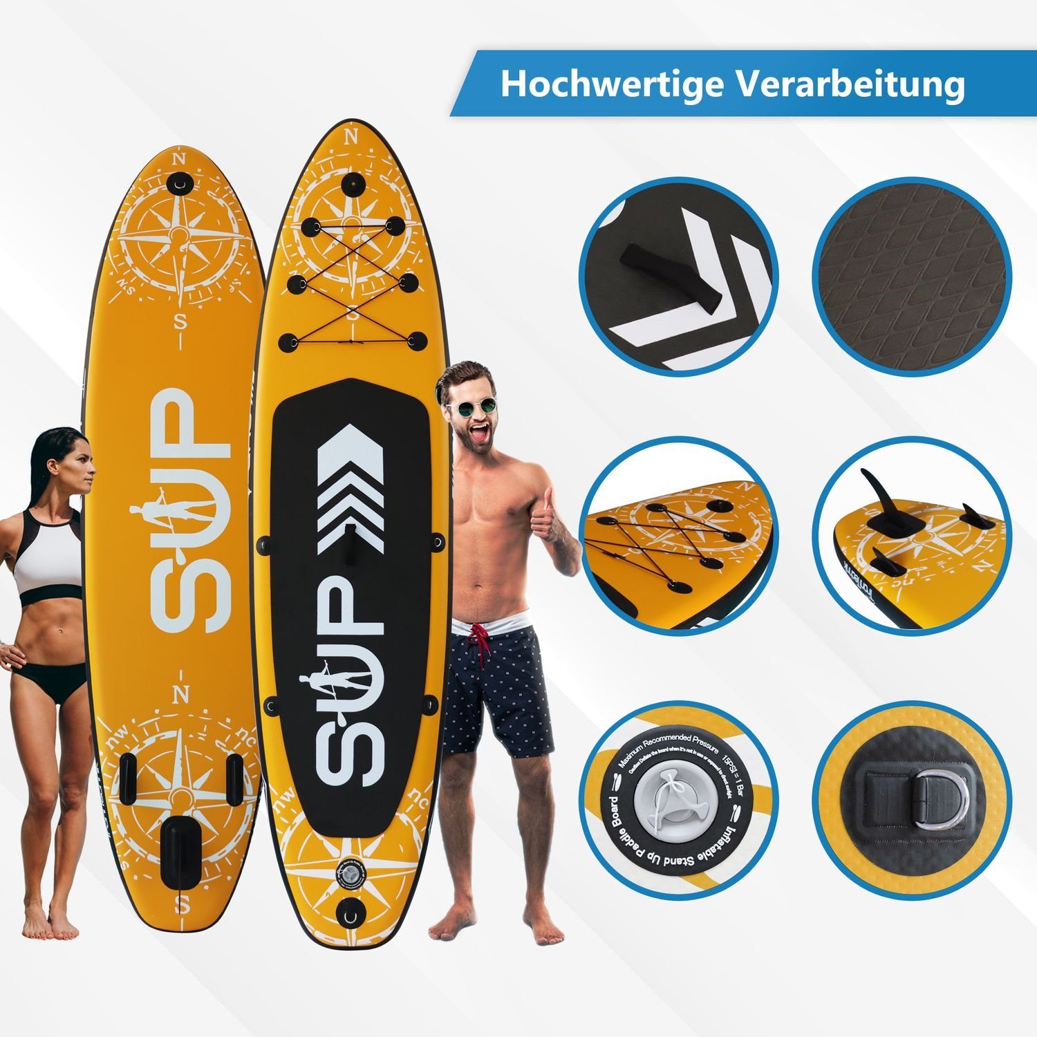 24Move SUP-Board Supboard Set, Premium Stand Up Paddleboard aufblasbar, inkl. Zubehör, Longboard, (Rucksack, Paddel, Action Cam ready, Doppelhub Pumpe, Sicherungsleine, 6 tlg., für Kinder & Erwachsene, ORANGE, 320x76, bis 180 kg), mit Drop Stich Tech