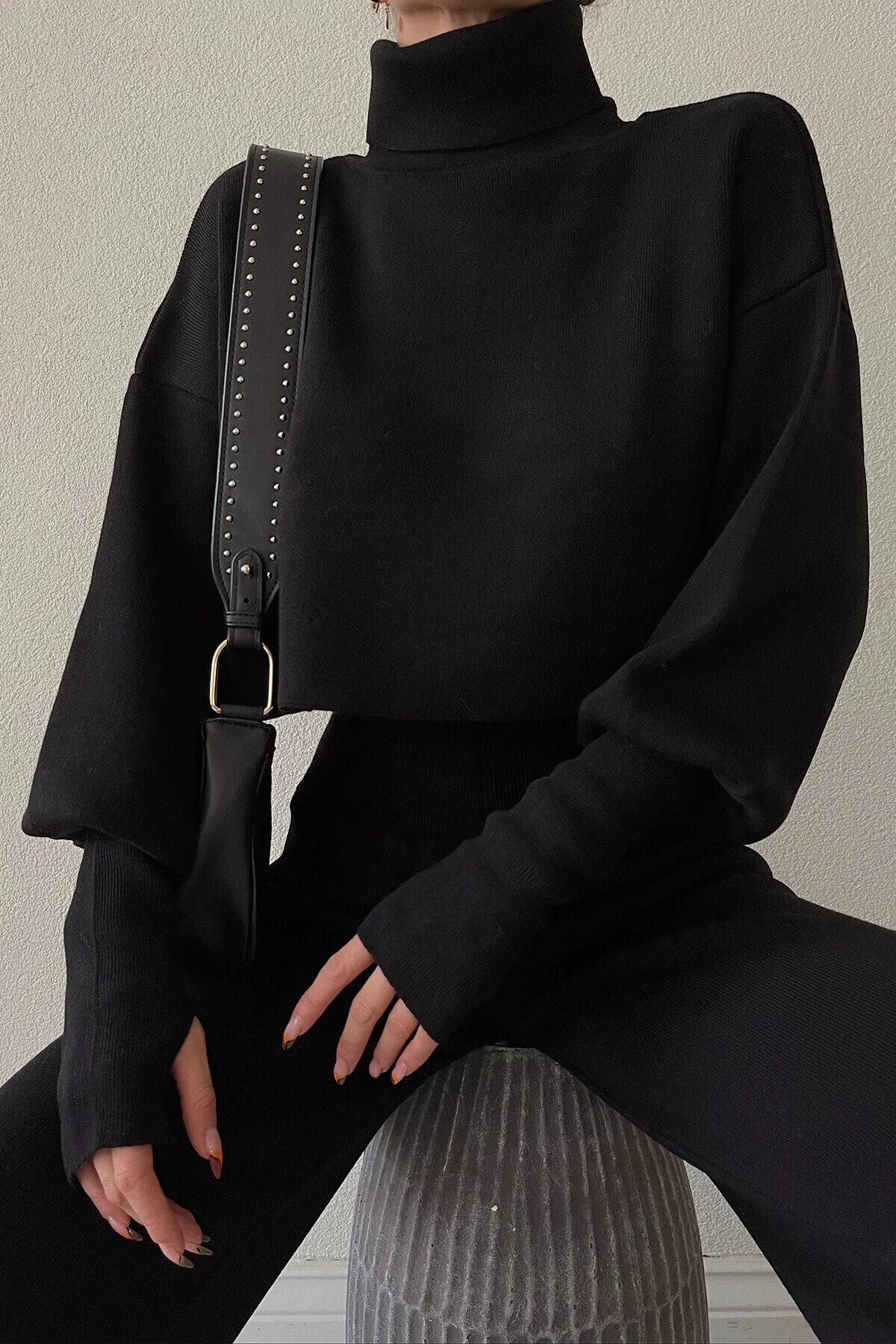 lovebox  Handgemachtes schwarzes Strick-Crop-Top und schwarze Strickhose mit hoher Taille, Doppelset 015