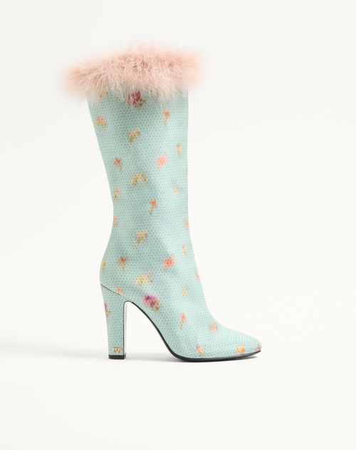 Bota Hotty em tecido chinês com estampa de flores, bolinhas e penas, 100mm