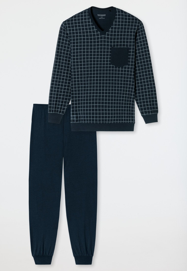 Schlafanzug lang Bündchen jeansblau kariert - Comfort Nightwear