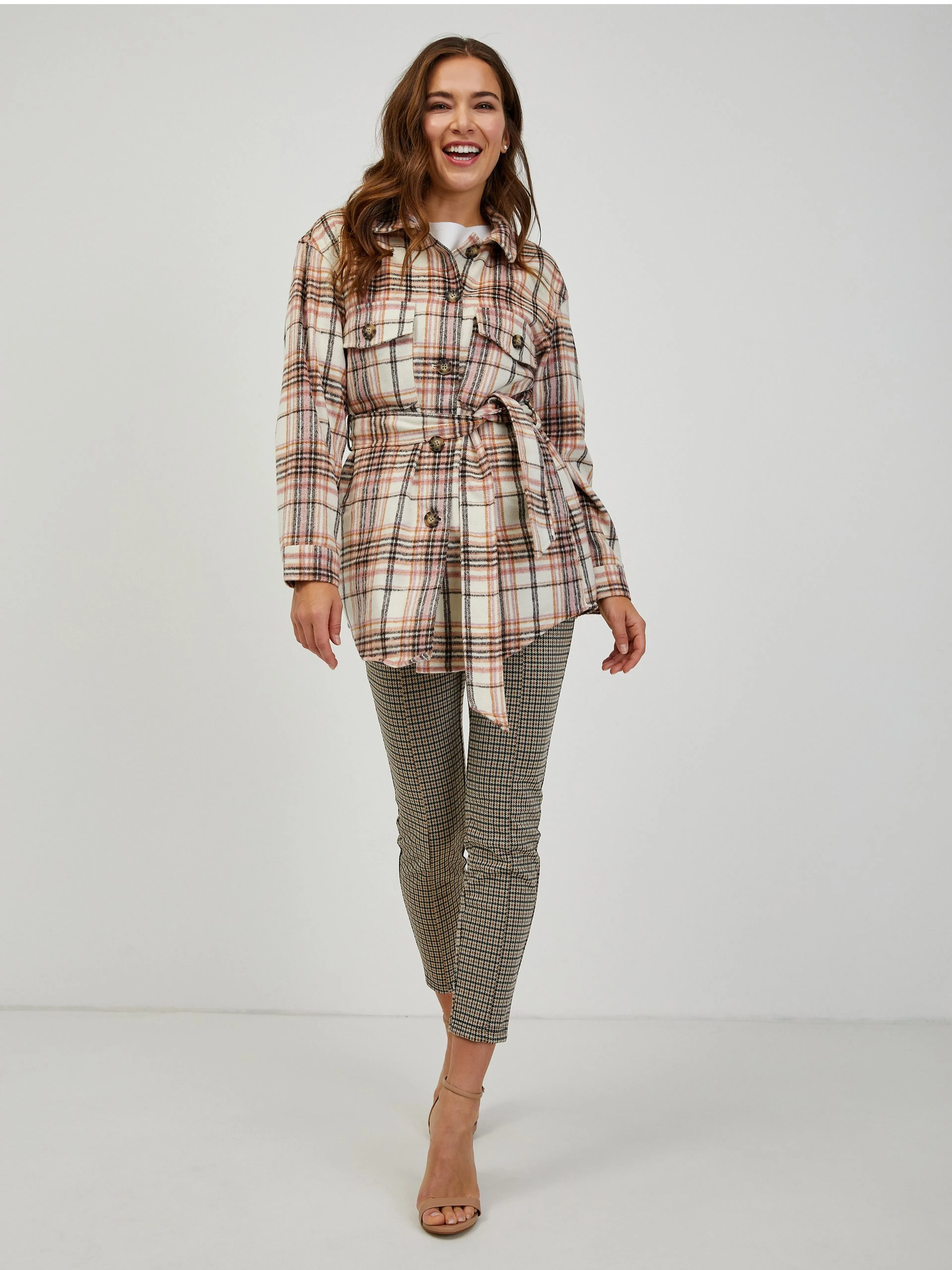 Rosa und cremefarbene Damen-Hemdjacke mit Bindung ORSAY