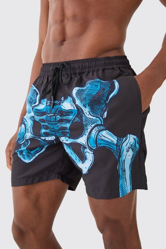 Mittellange Badehose mit Skelett-Print