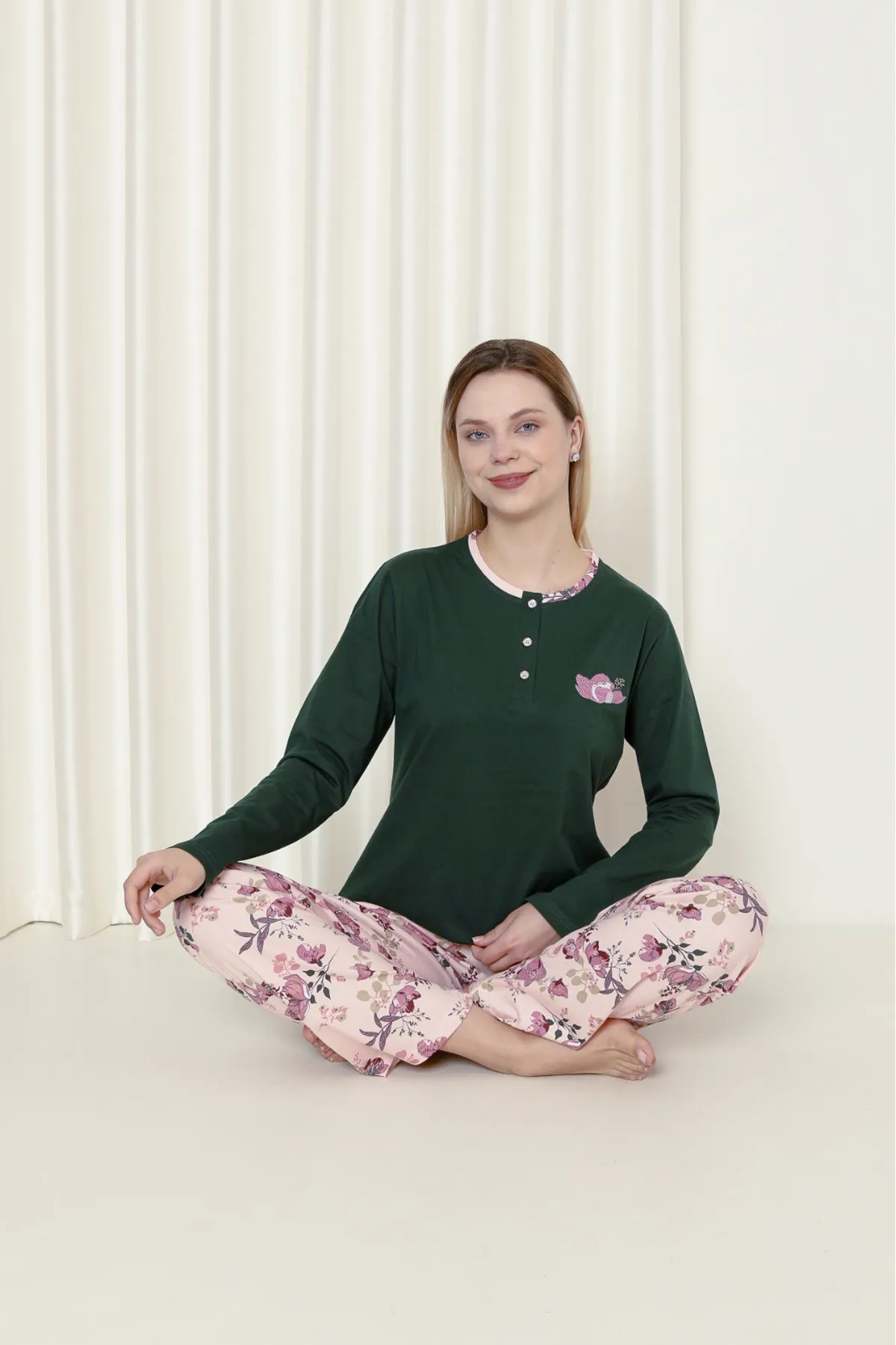 AHENGİM  Damen-Pyjama-Set für Damen, Single-Jersey, langärmelig, Blumenmuster, Baumwolle, saisonal, W20242241