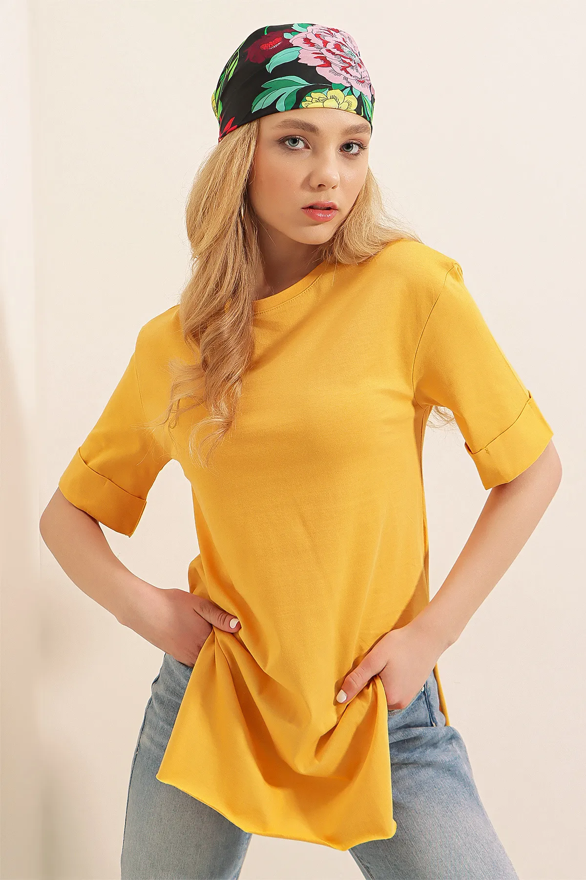Bigdart  4123 Übergroßes T-Shirt mit Schlitz – Senf