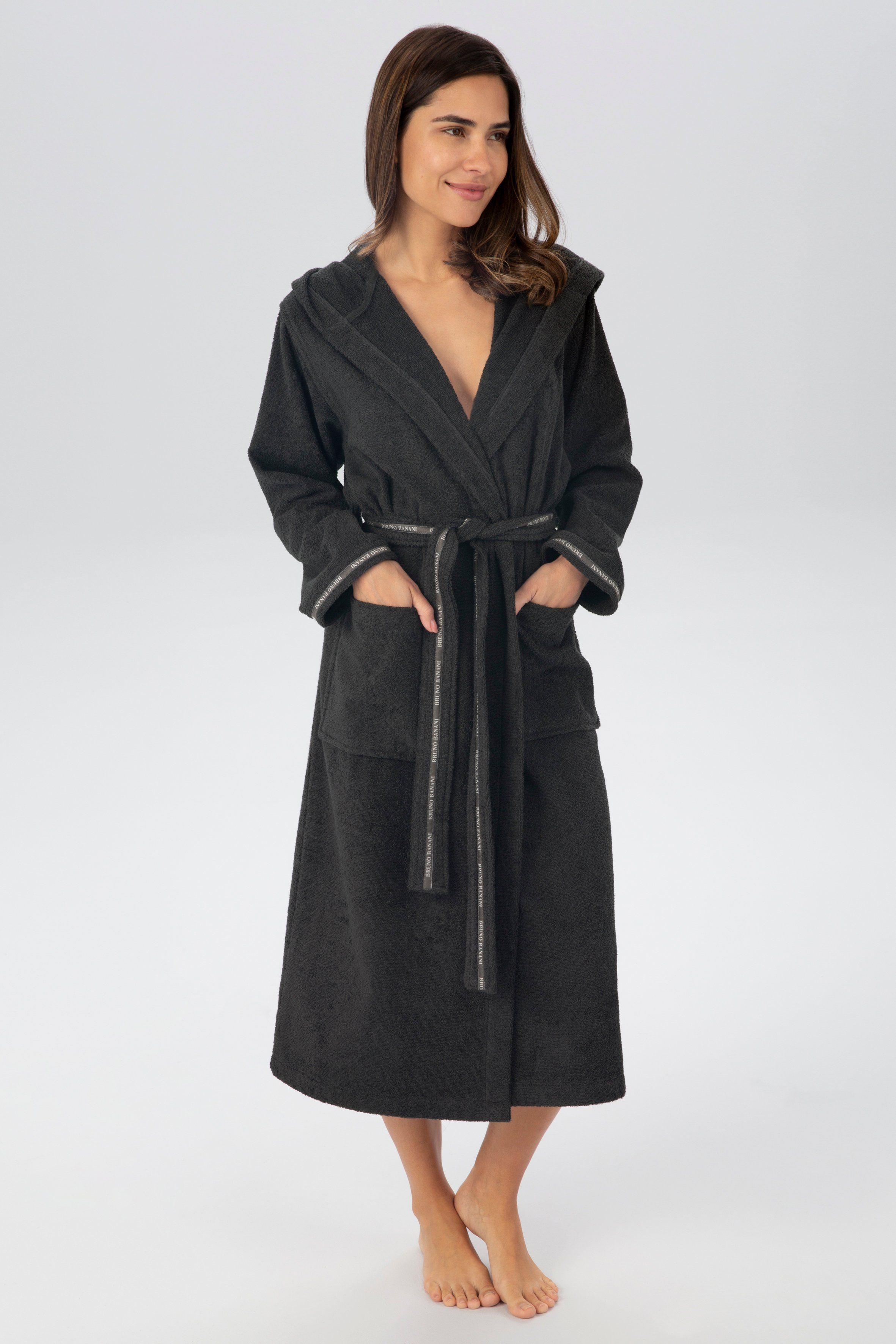 Bruno Banani Damenbademantel Danny, Langform, Baumwolle, Kapuze, Gürtel, mit Logostreifen, aus 100% Baumwolle, XS-3XL