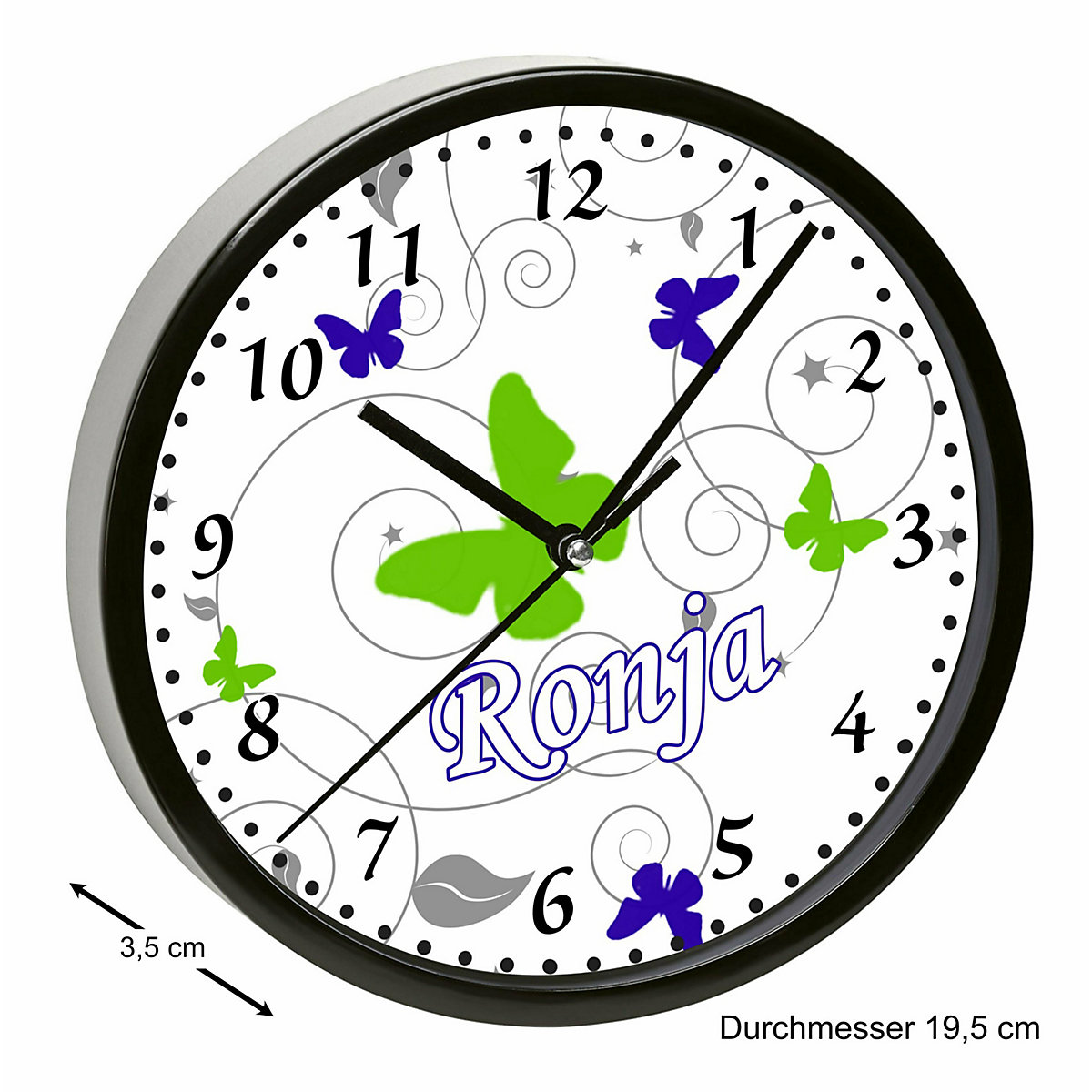 Kinder Wanduhr laufruhig personalisiert mit Name Schmetterling Blau Grün