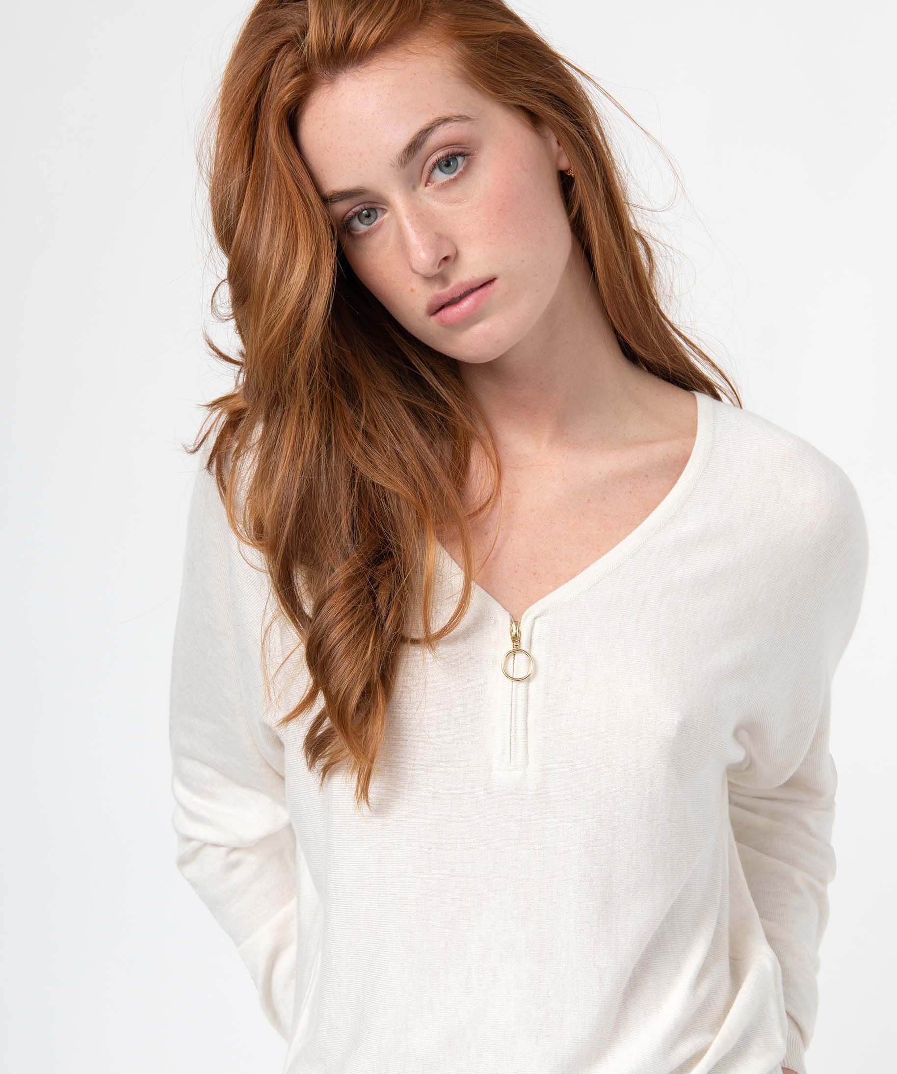 Pull col V zippé et manches chauve-souris femme ecru | GEMO