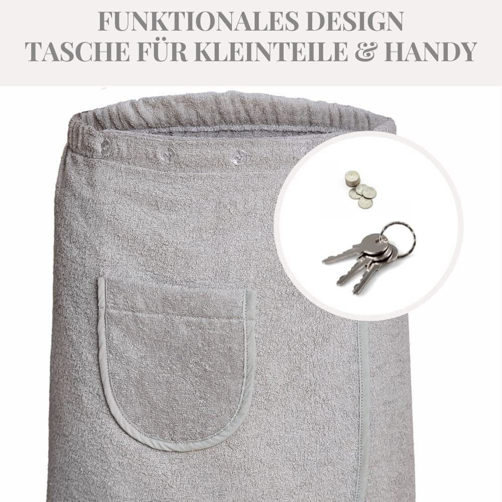 Carenesse Saunatuch Saunakilt Herren 50 x 140 cm grau, weicher OneSize Sauna-Sarong, Baumwolle, mit flexiblem Gummibund & 5-fach Knopfleiste + Tasche aus Baumwolle